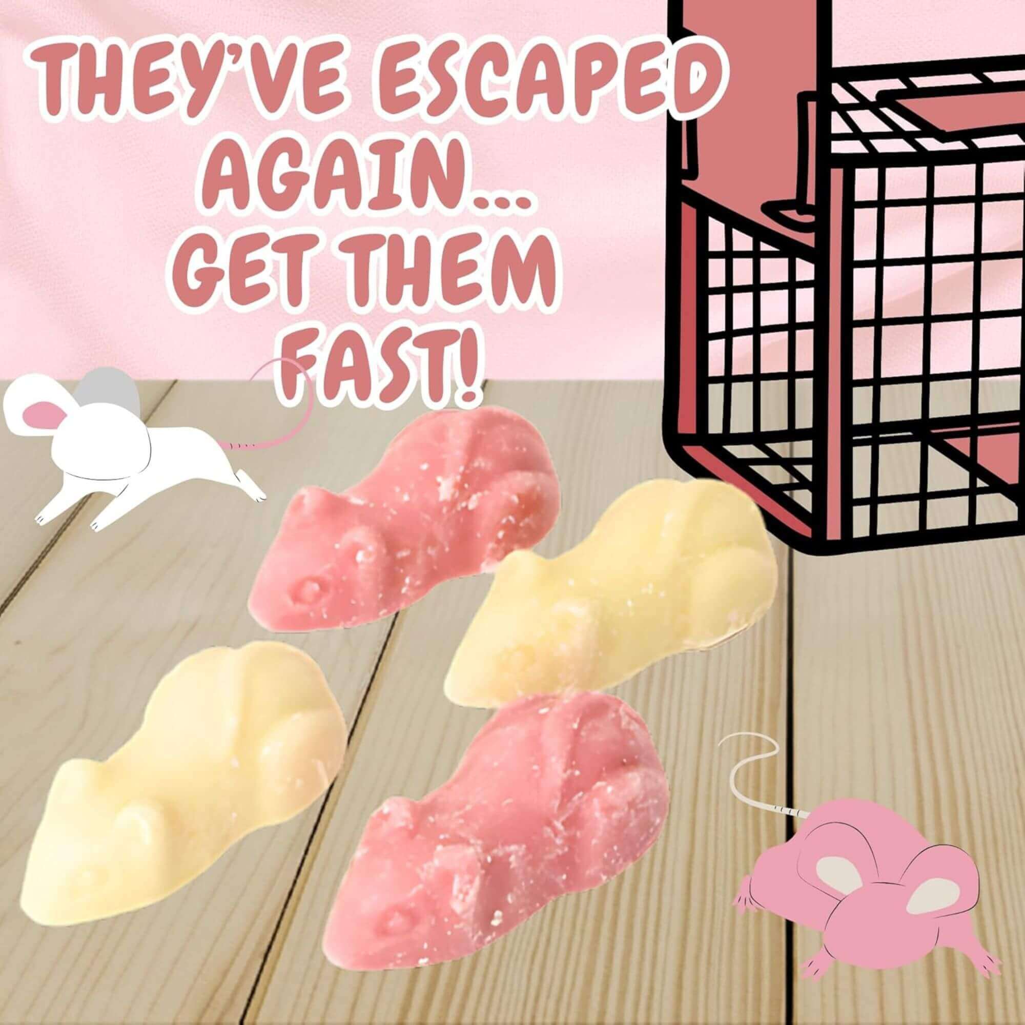 Pink and yellow mouse-shaped candies with a cage and text on a wooden surface