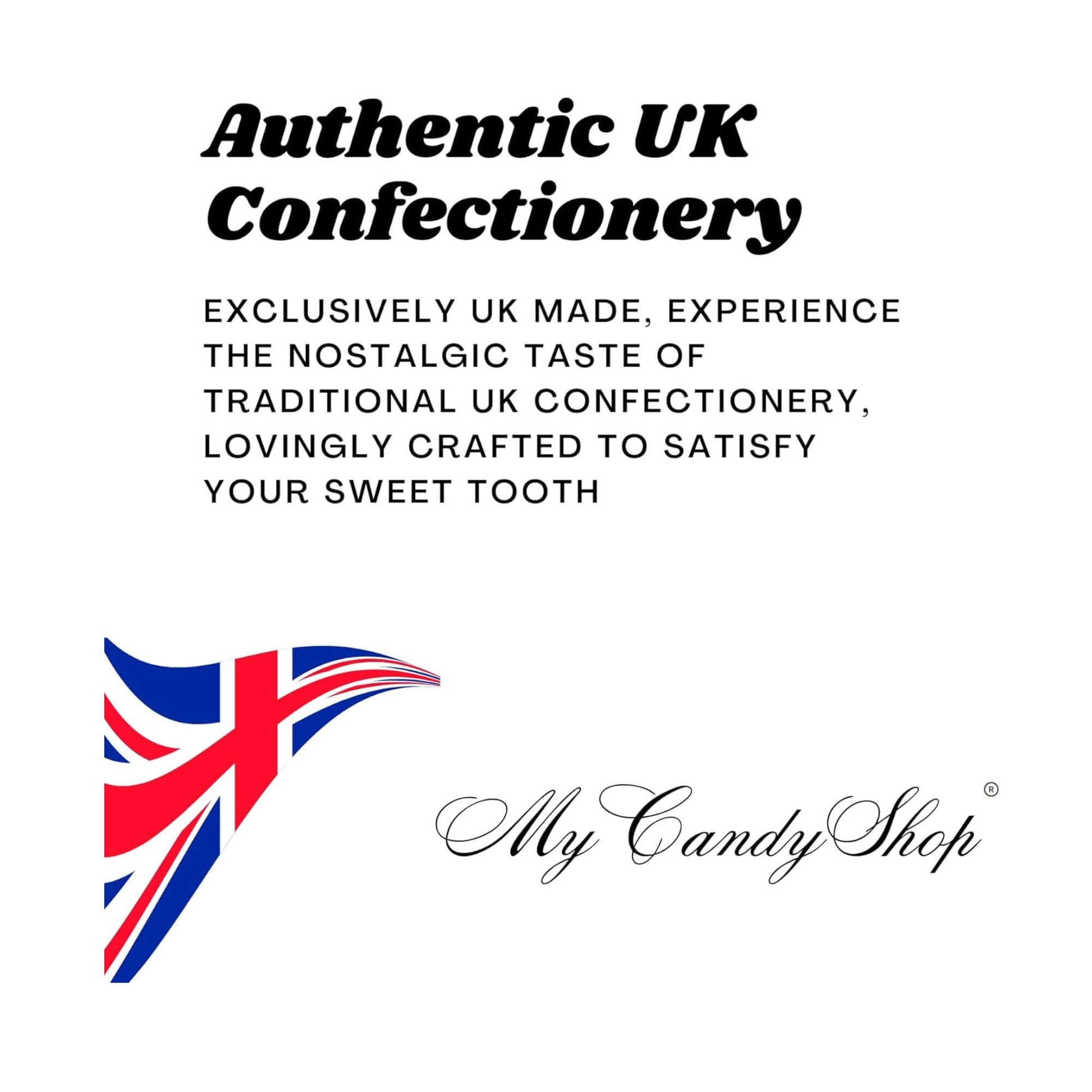 Advertisement for Authentic UK Confectionery with a Union Jack flag and 'My Candy Shop' branding.