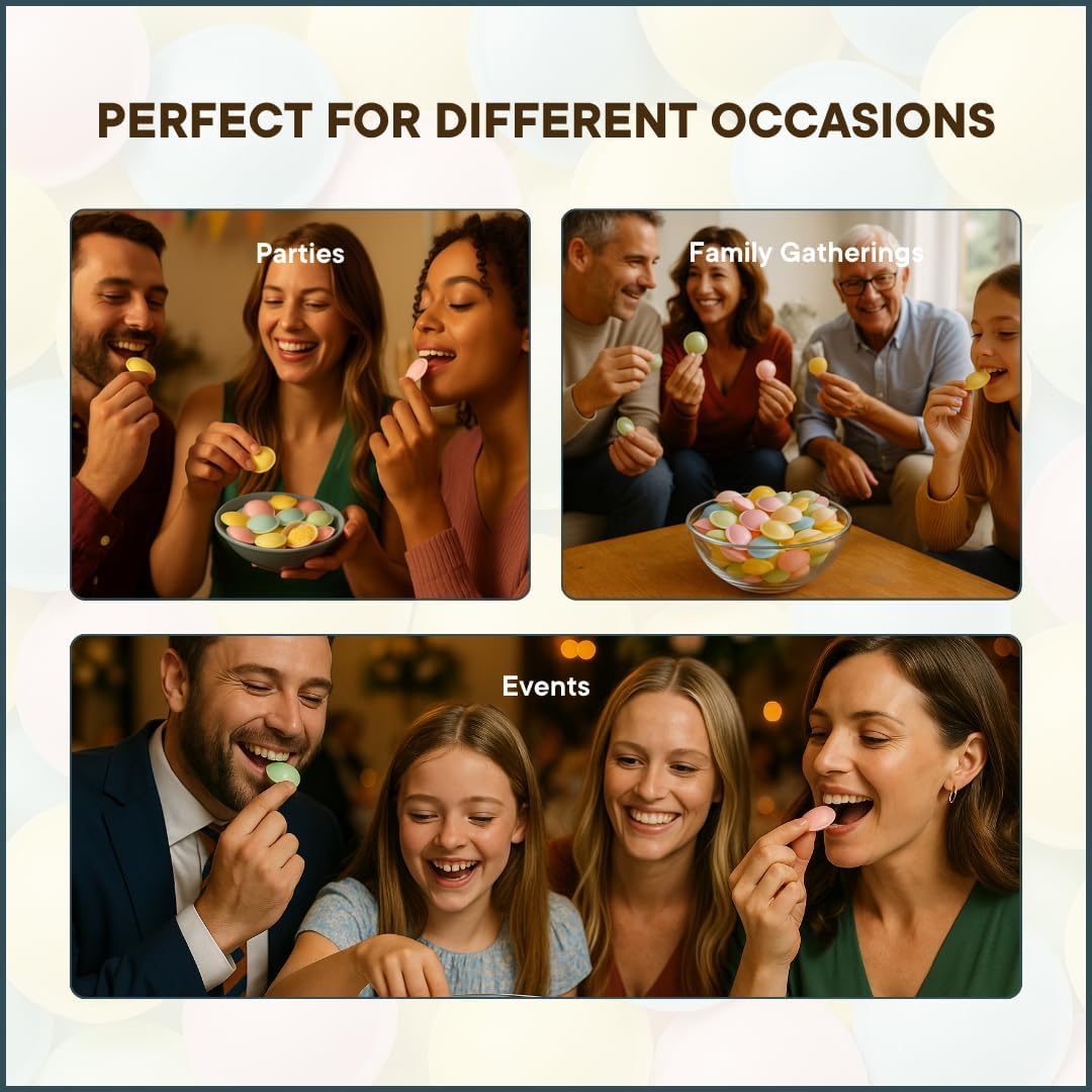 People enjoying colorful candies at parties, family gatherings, and events with text 'Perfect for Different Occasions'.