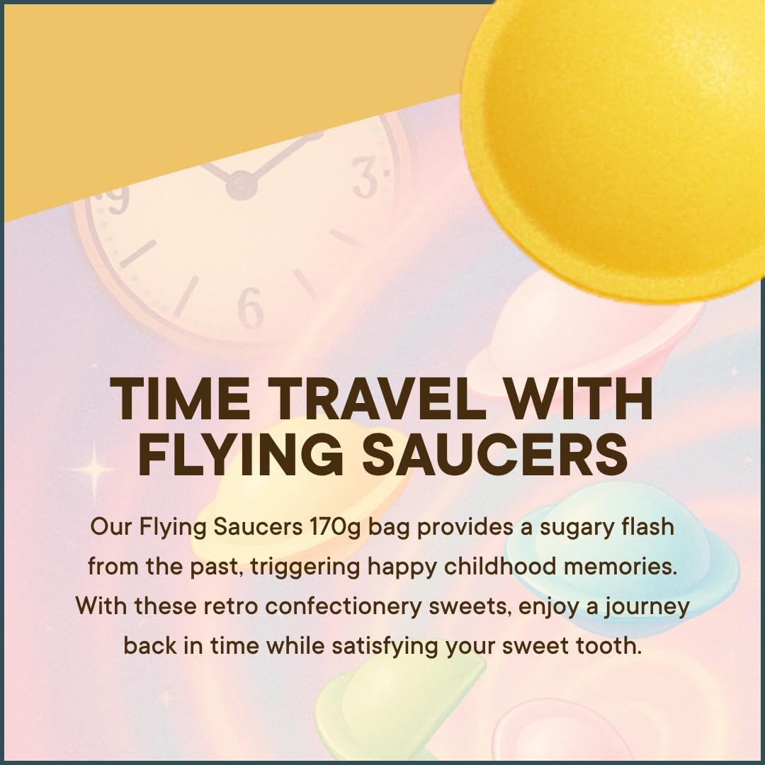 Promotional text for flying saucers with a retro confectionery theme on a colorful background.