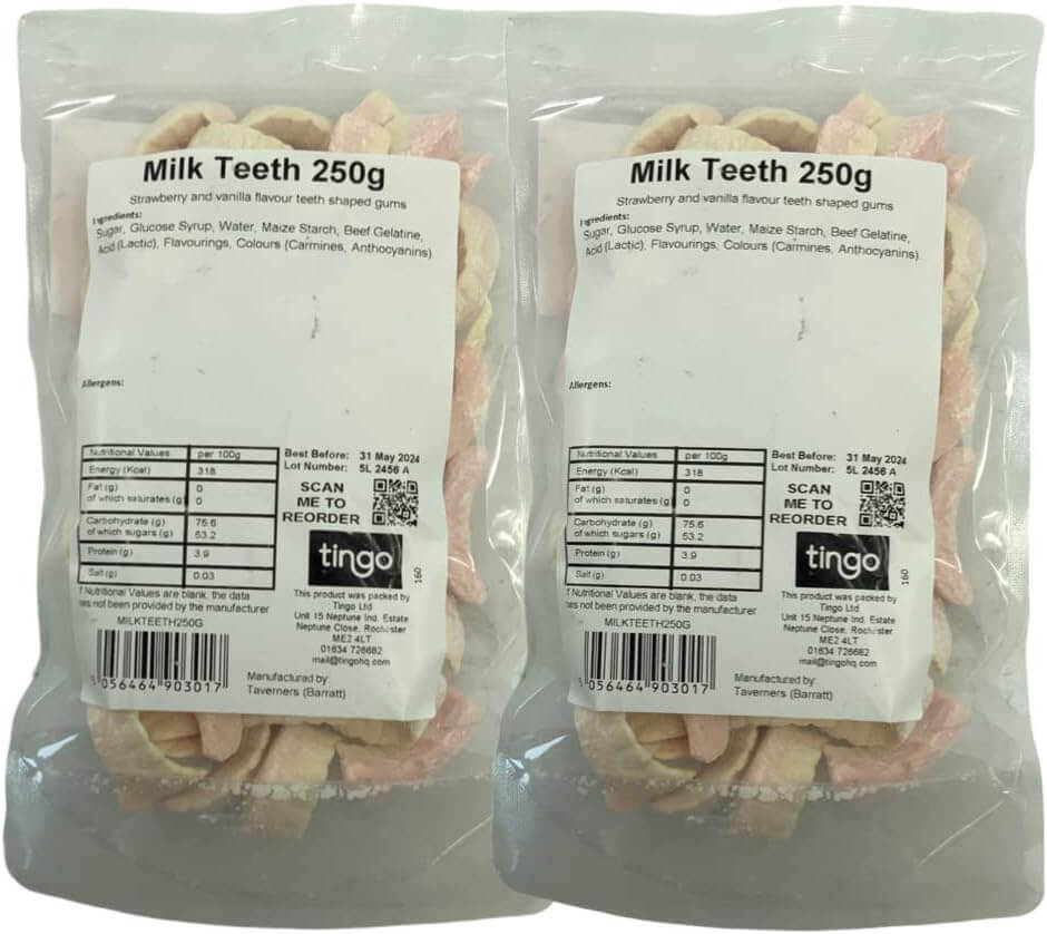 Two packages of 'Milk Teeth' candy with labels and tingo branding.