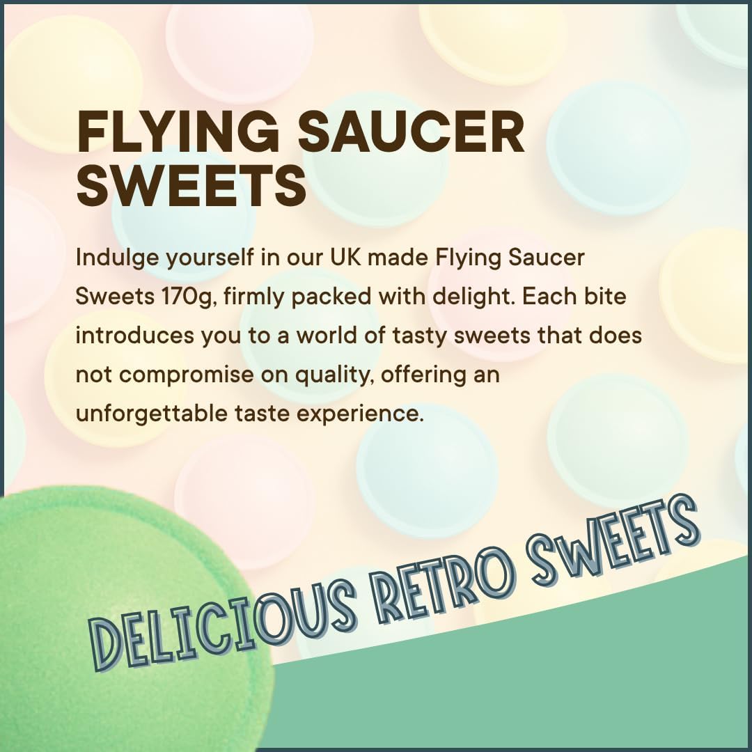 Advertisement for Flying Saucer Sweets with text and colorful background