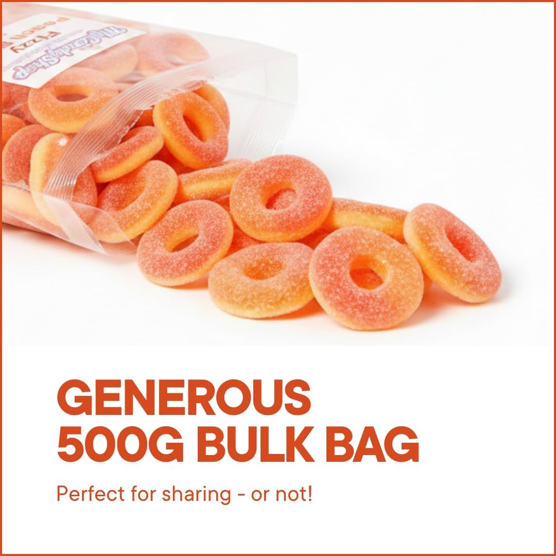 MyCandyShop Peach Rings 500g - Fizzy Halal Sweets with Tangy Sugar Coating, Soft Chewy Gummy Texture & Juicy Fruit Flavour Peach Sweets