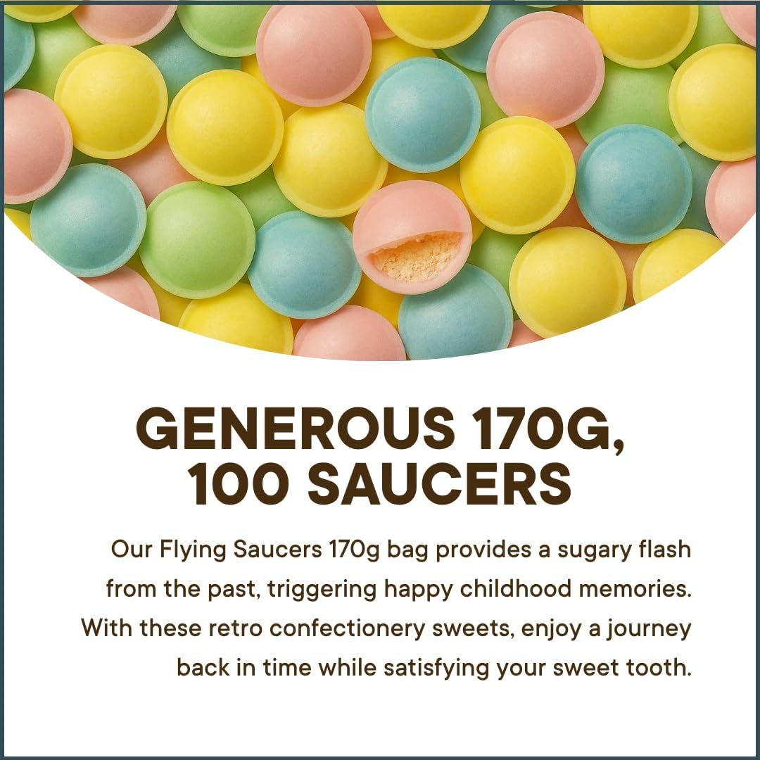 Colorful candy saucers with text about quantity and nostalgic value.