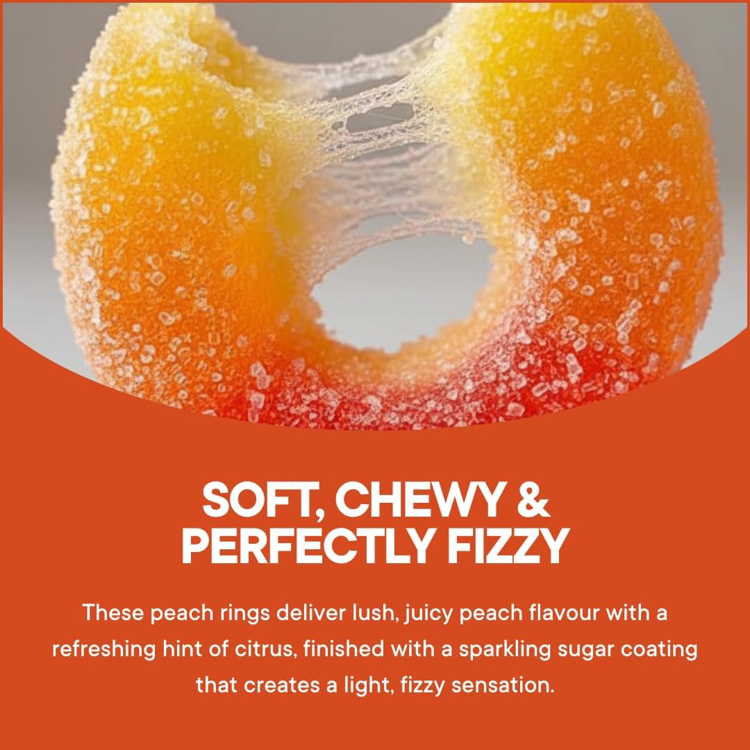 MyCandyShop Peach Rings 500g - Fizzy Halal Sweets with Tangy Sugar Coating, Soft Chewy Gummy Texture & Juicy Fruit Flavour Peach Sweets