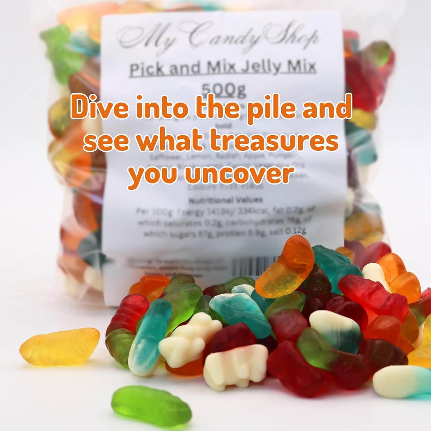 Packaged pick and mix jelly mix with colorful gummy candies on a white background