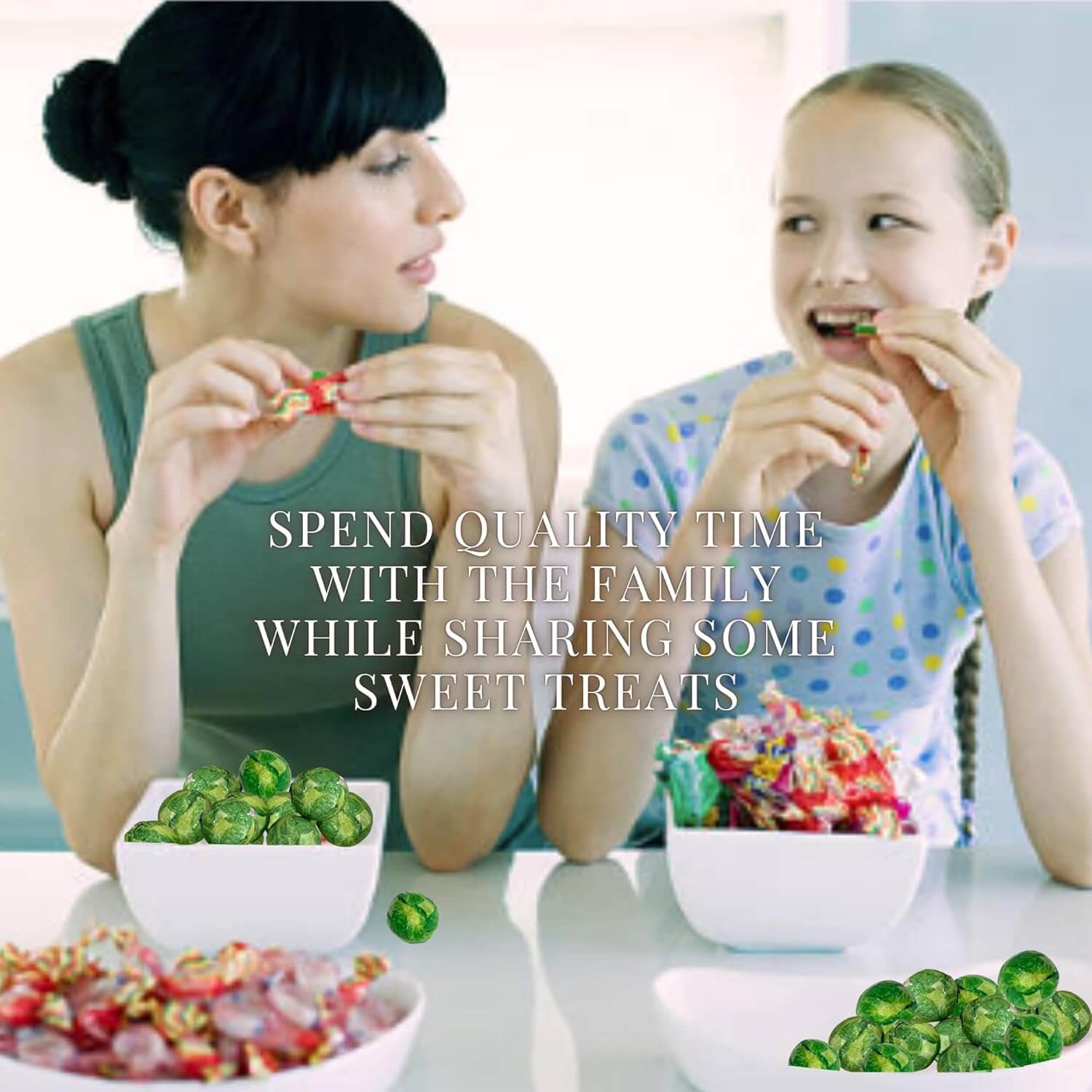 Woman and young girl eating sweet treats together with text overlay.
