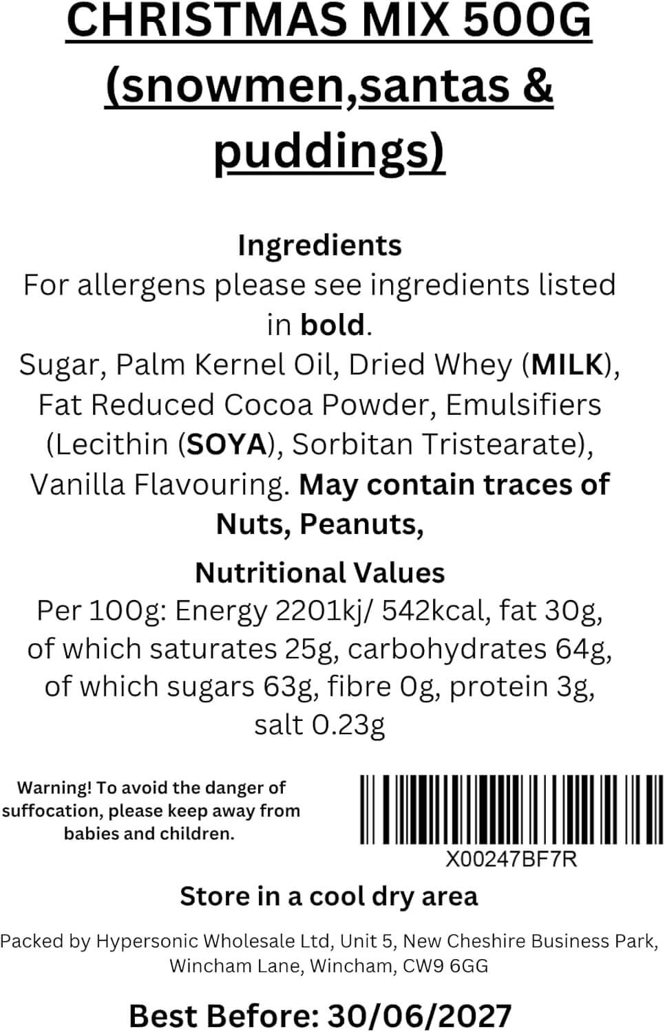 Product label for Christmas Mix with ingredients and nutritional information.