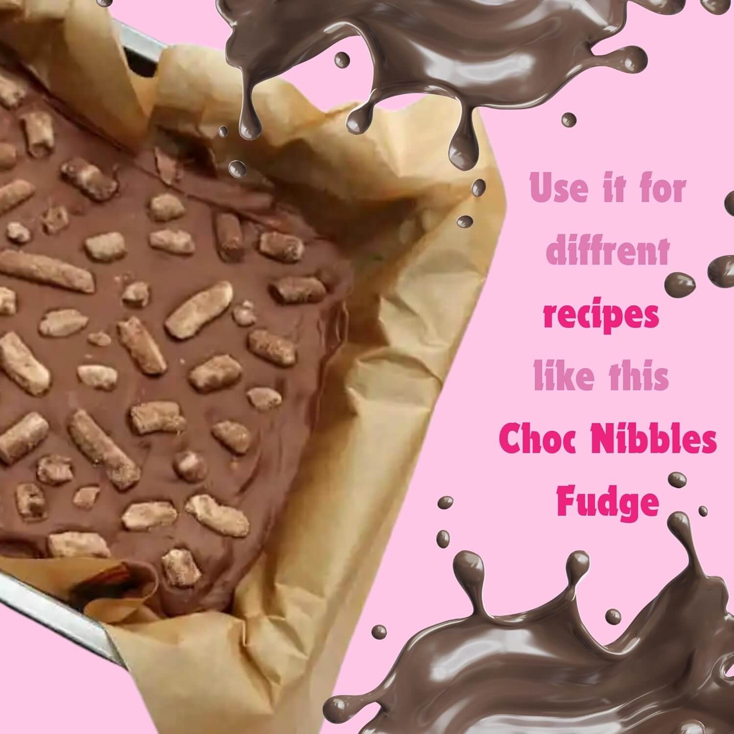 Chocolate fudge with chocolate nibbles on a pink background with text about recipes.