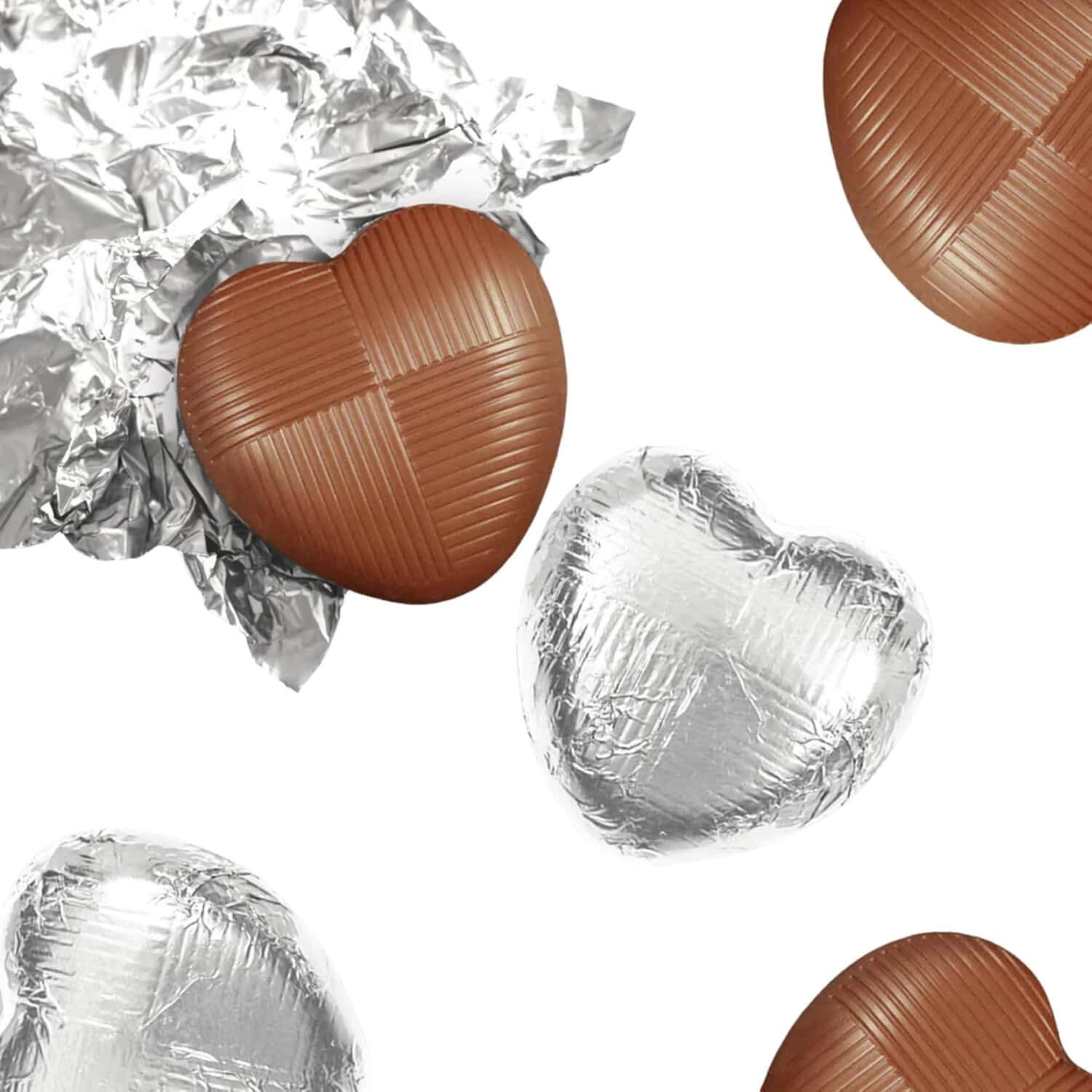 Chocolate hearts with silver wrapping on a white background