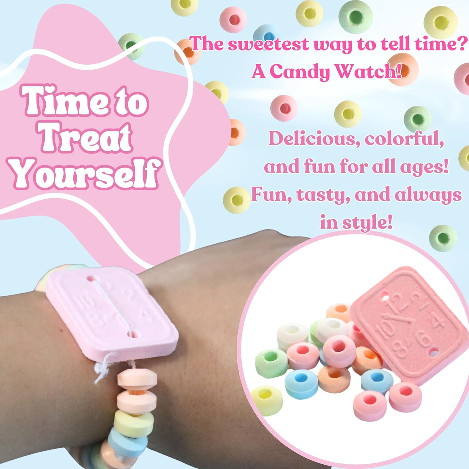 Pastel candy treat watch on wrist