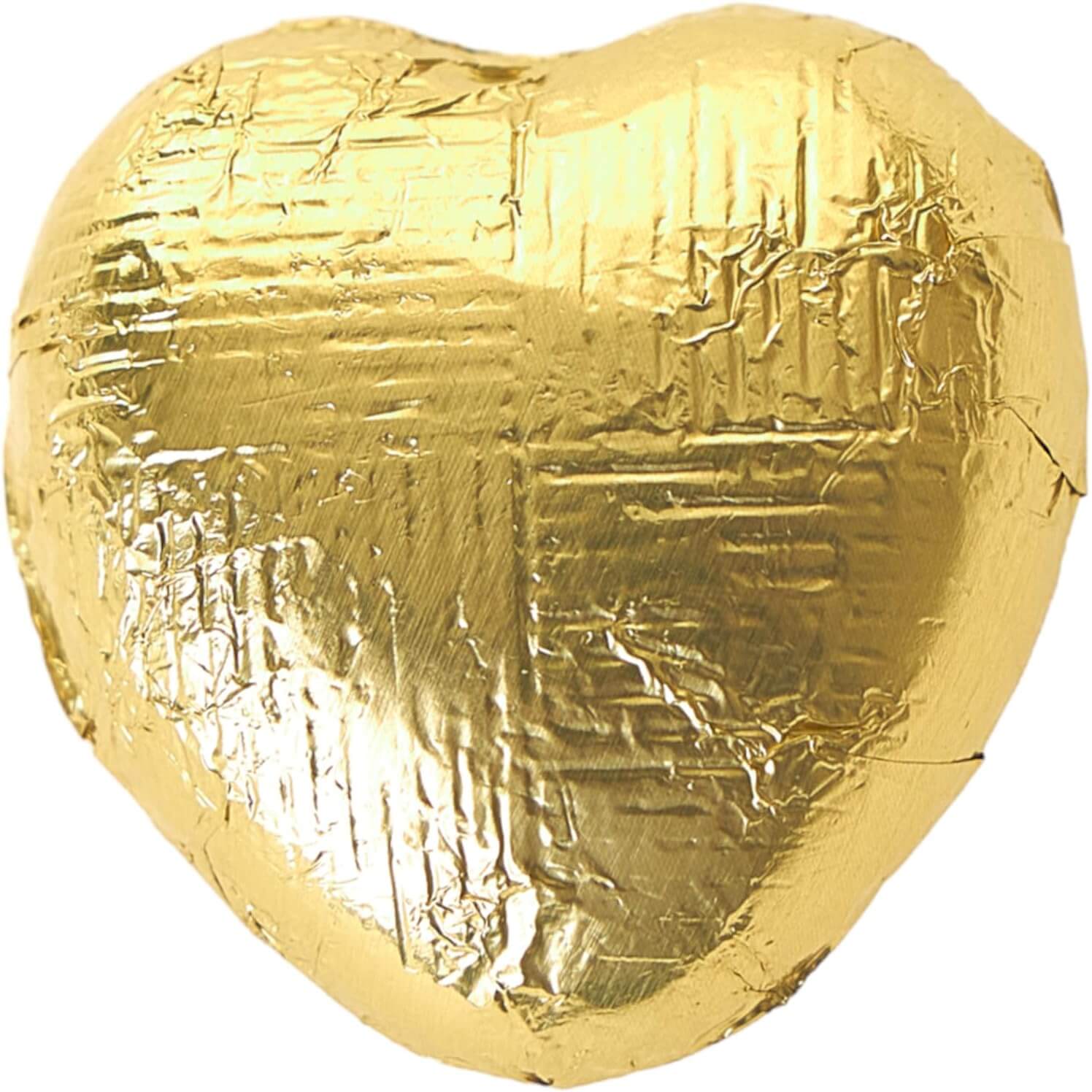 Gold-foil wrapped heart-shaped chocolate on a white background