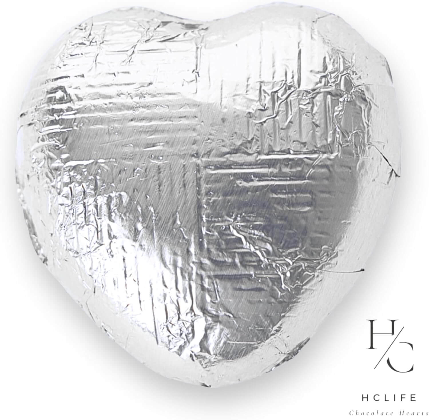 Heart-shaped chocolate wrapped in silver foil with HCLIFE branding.