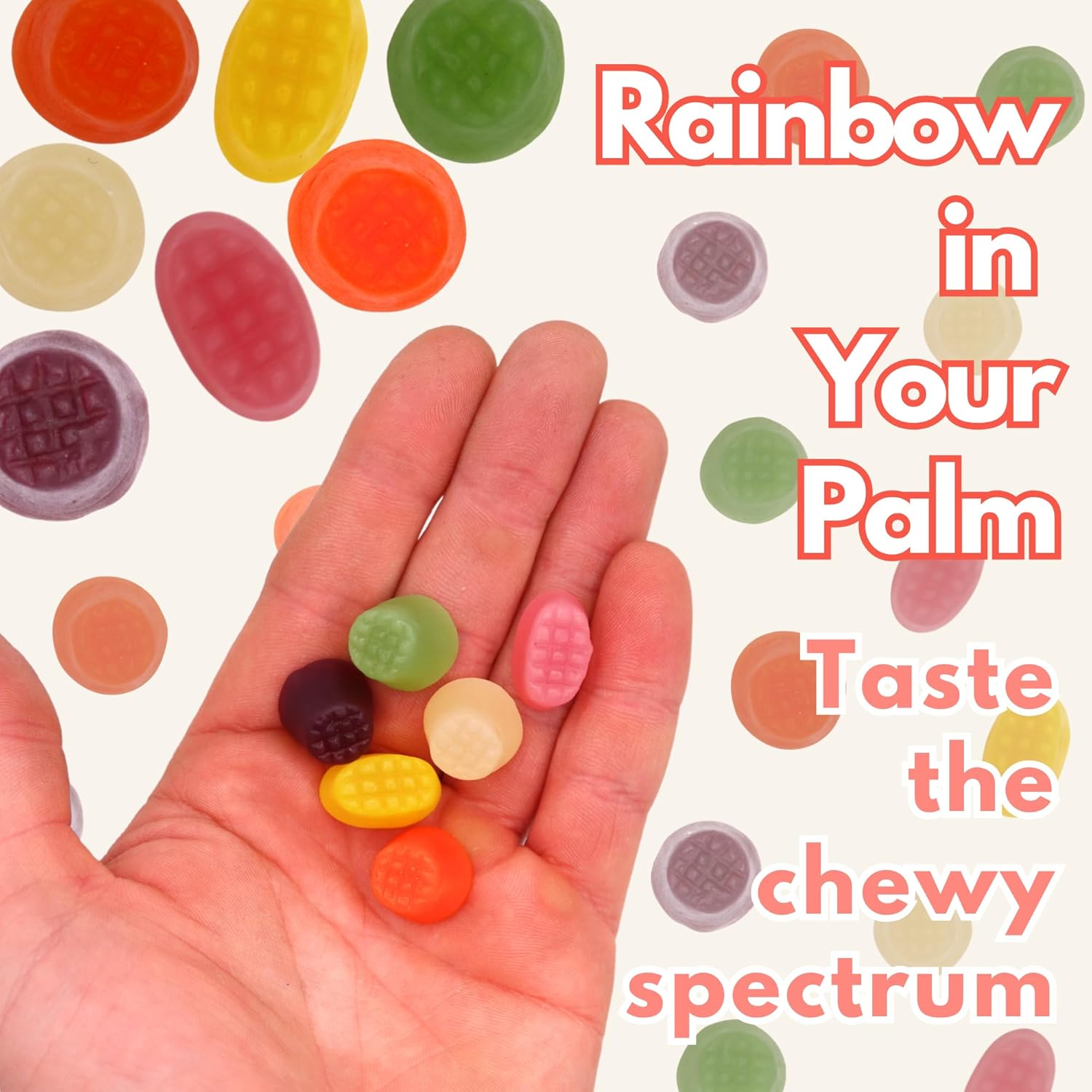 Rainbow of gummy sweets in a hand