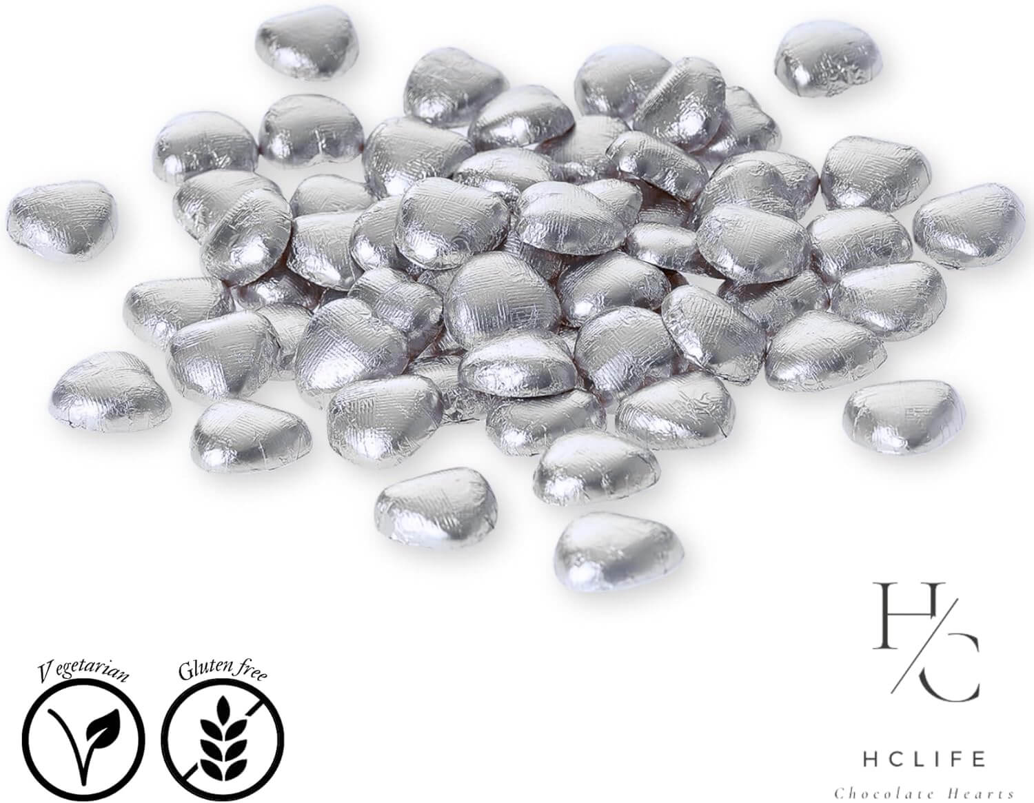 Silver metallic beads on a white background with HCLife branding and icons.