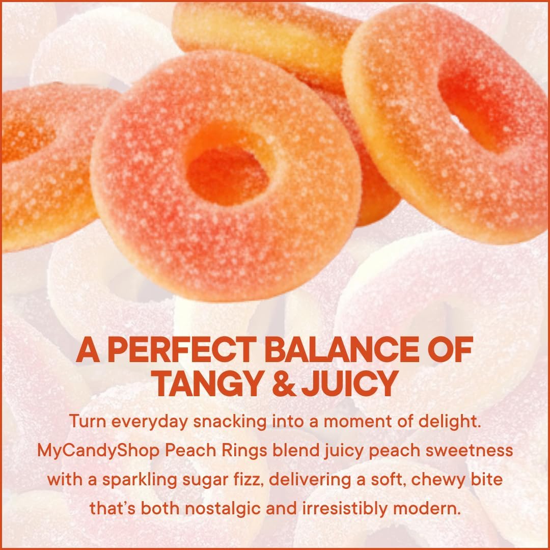 MyCandyShop Peach Rings 500g - Fizzy Halal Sweets with Tangy Sugar Coating, Soft Chewy Gummy Texture & Juicy Fruit Flavour Peach Sweets