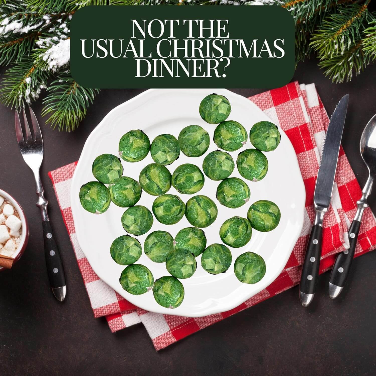 White plate with green vegetables on a red and white checkered tablecloth, surrounded by Christmas decorations.
