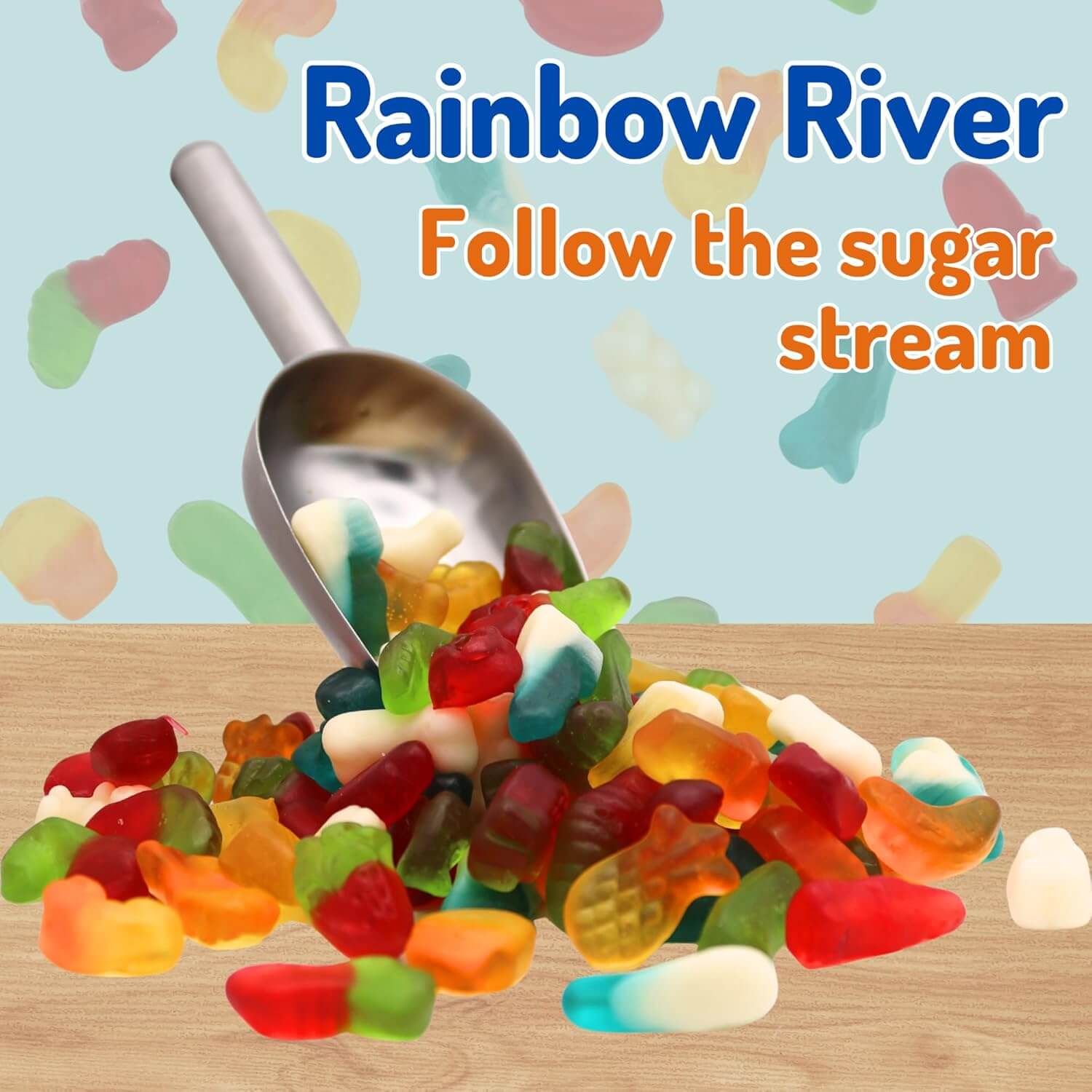Colorful gummy fish with a scoop and 'Rainbow River' text on a light blue background