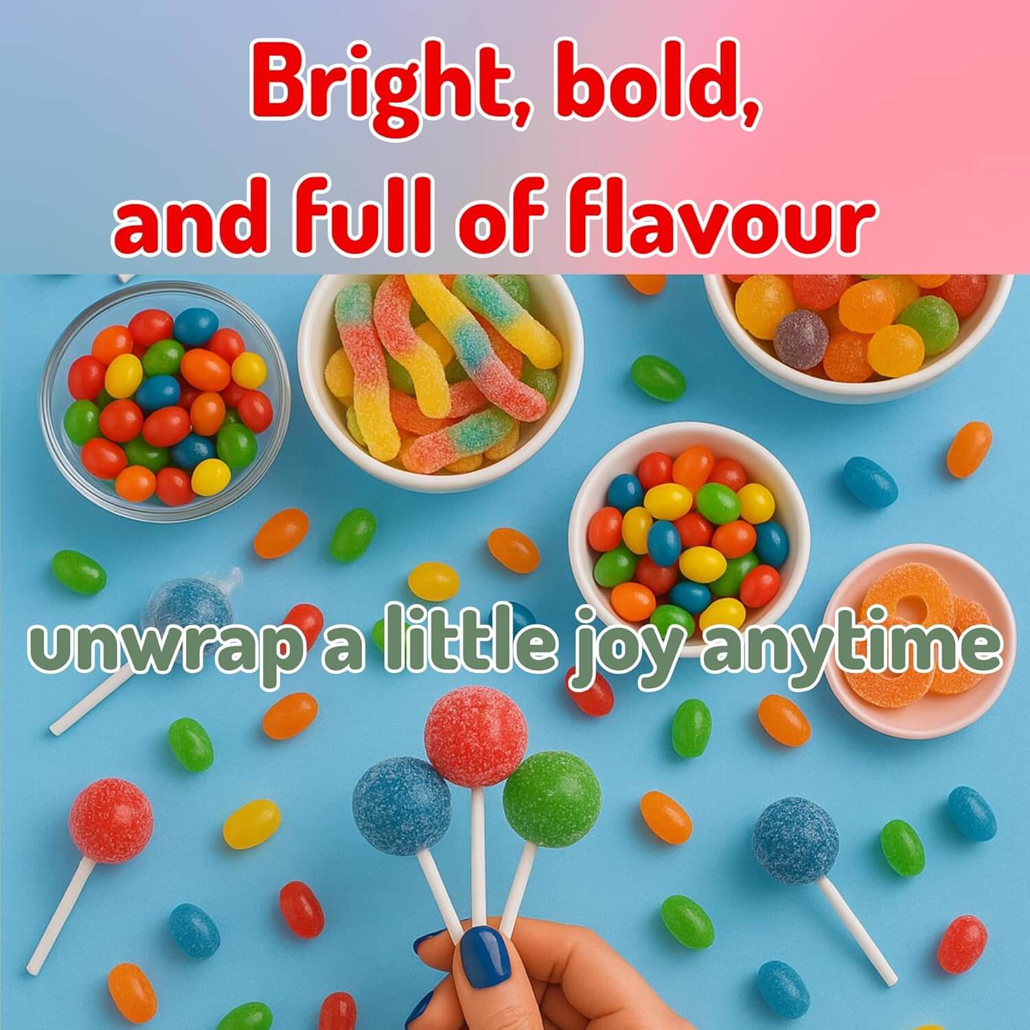 Colorful candies and lollipops on a blue background with text about flavor and joy.