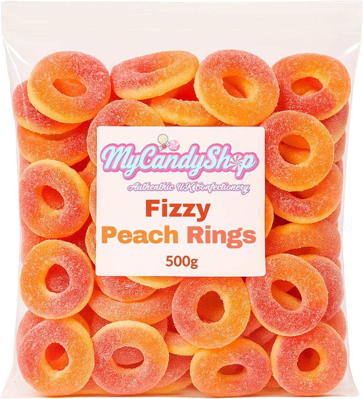 MyCandyShop Peach Rings 500g - Fizzy Halal Sweets with Tangy Sugar Coating, Soft Chewy Gummy Texture & Juicy Fruit Flavour Peach Sweets