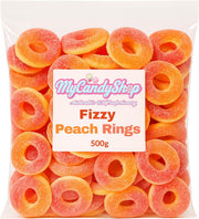 MyCandyShop Peach Rings 500g - Fizzy Halal Sweets with Tangy Sugar Coating, Soft Chewy Gummy Texture & Juicy Fruit Flavour Peach Sweets
