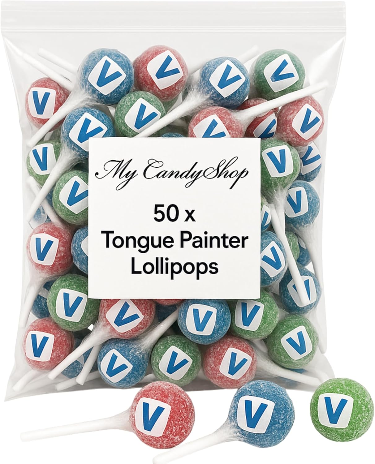 Tongue Painter Lollipops – 50 Pack Bulk (Approx. 500g) Red, Green & Blue