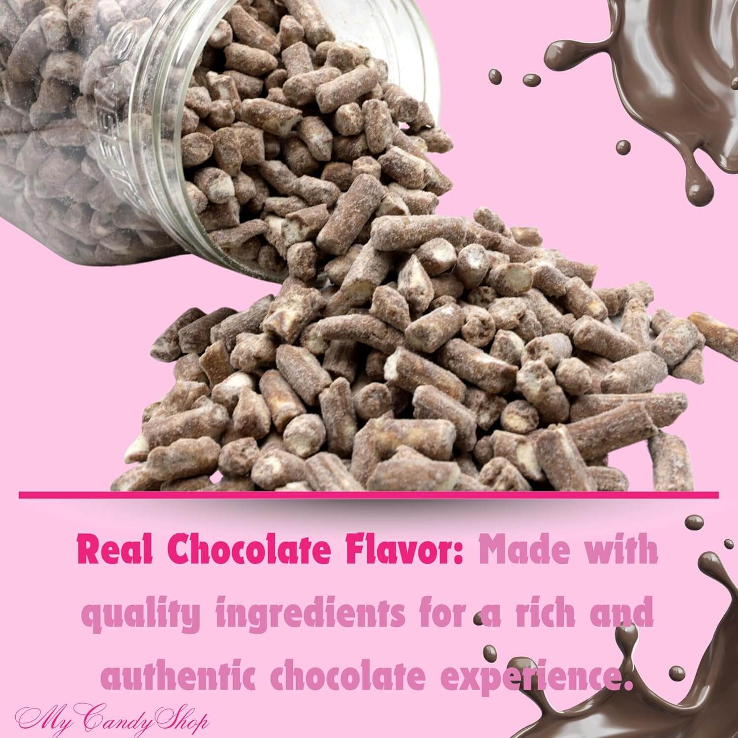 Chocolate-flavored product being poured from a jar with text on a pink background, featuring the brand 'My Candy Shop'.