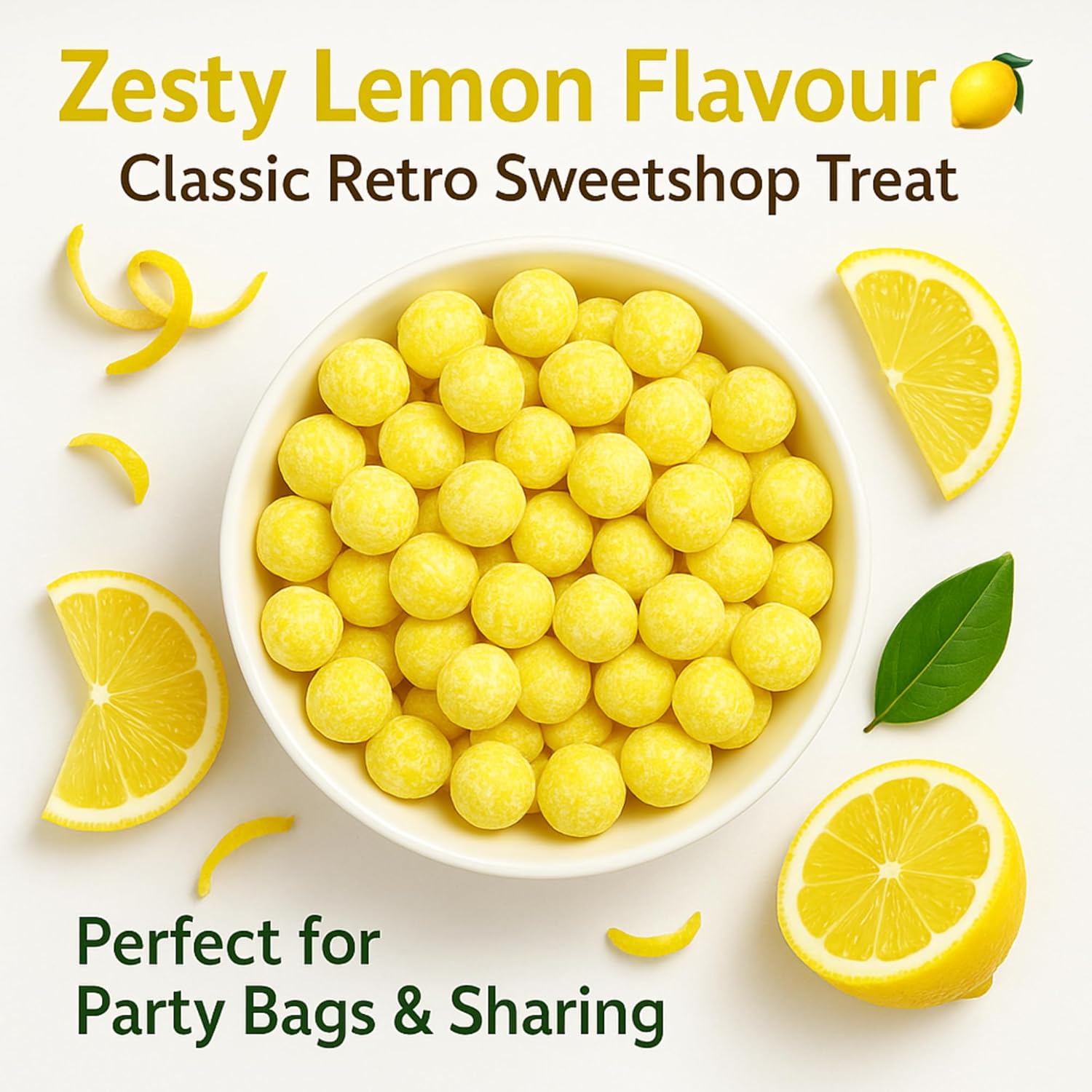 Bowl of lemon-flavored treats with lemons and text on a white background