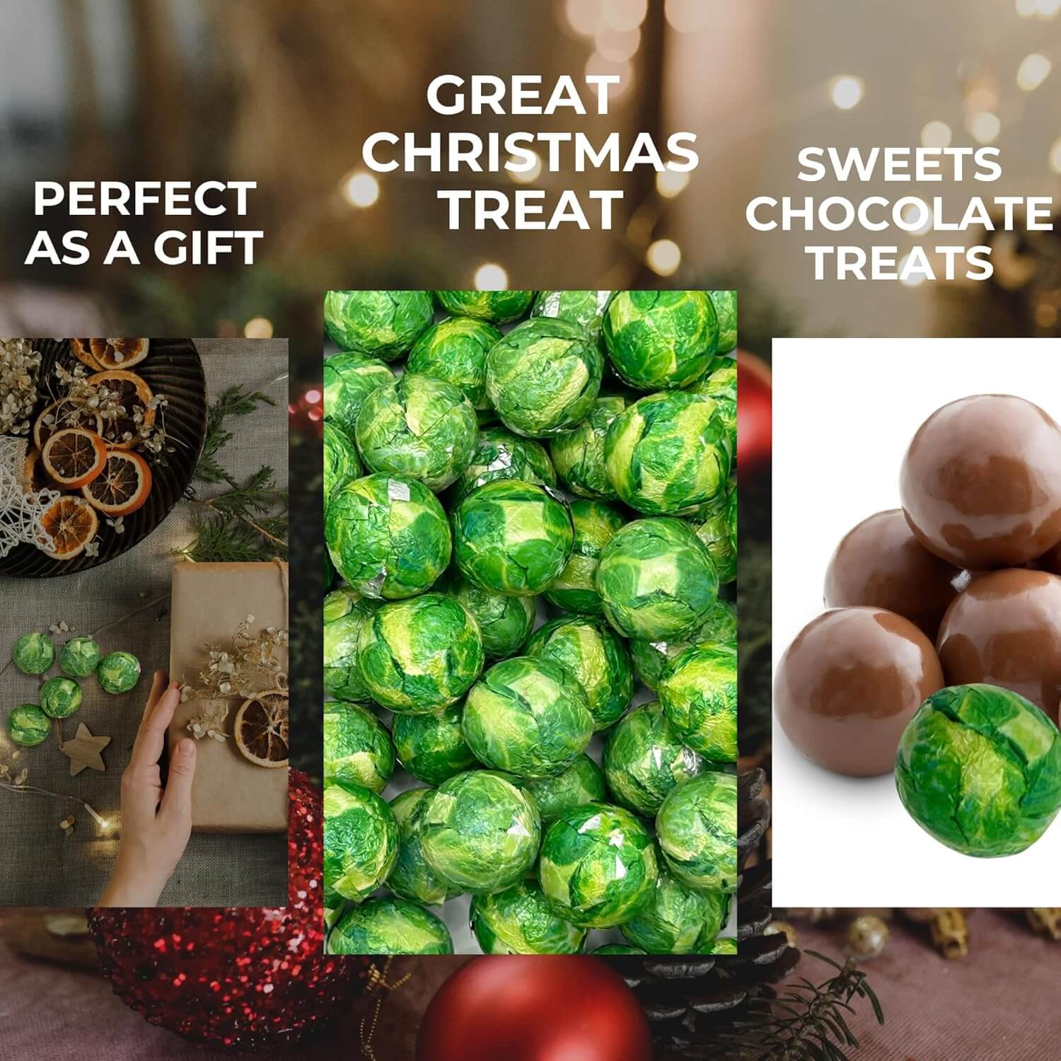 Collage of green and brown chocolate treats with text about them being a great Christmas treat.