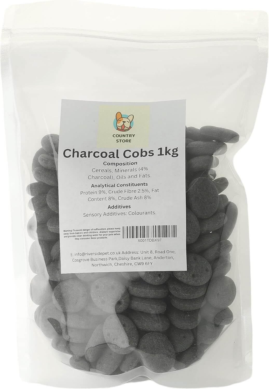 Bag of charcoal cobs with a label on a white background