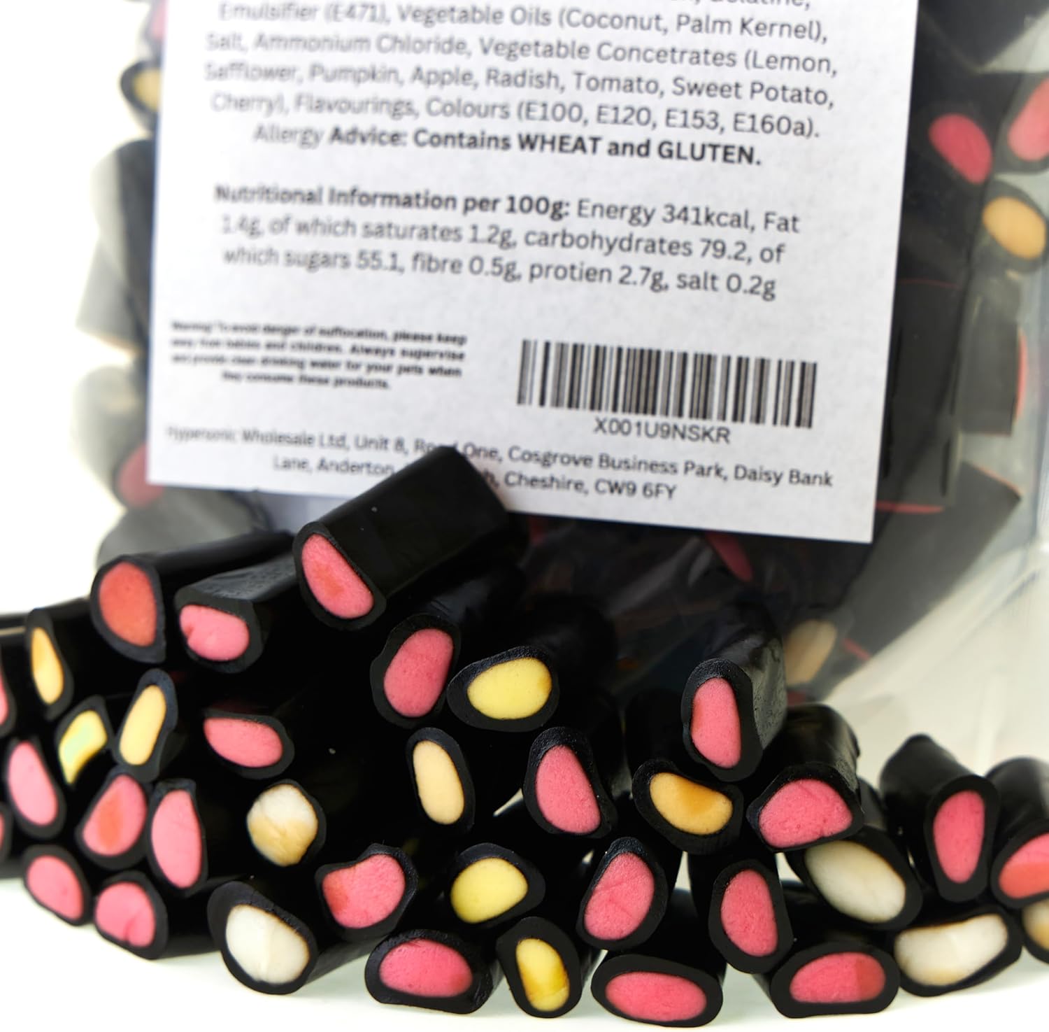 Close-up of pink and yellow liquorice.