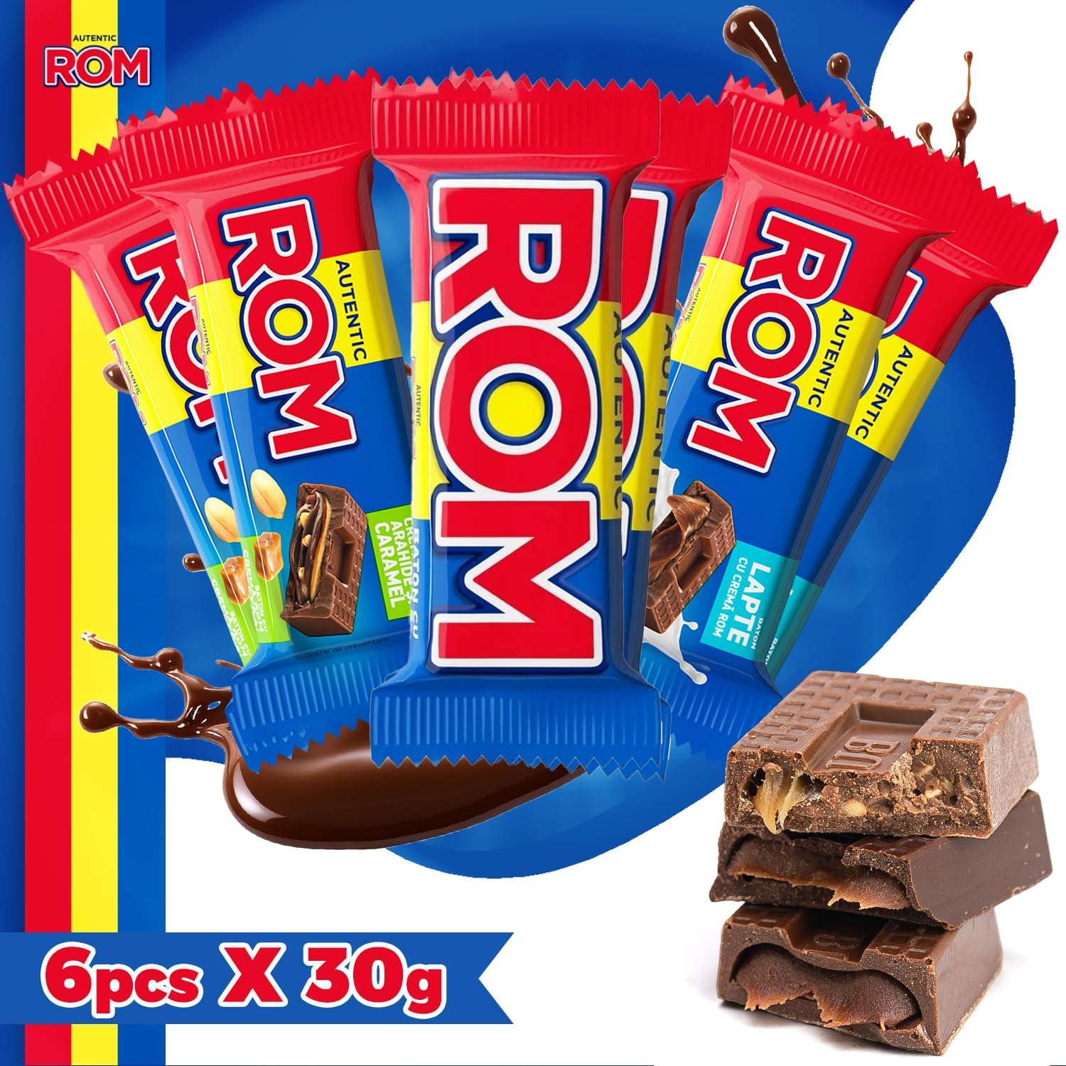 ROM Romanian Chocolate Bundle – 6 x 30g Bars with Rum, Caramel & Peanuts