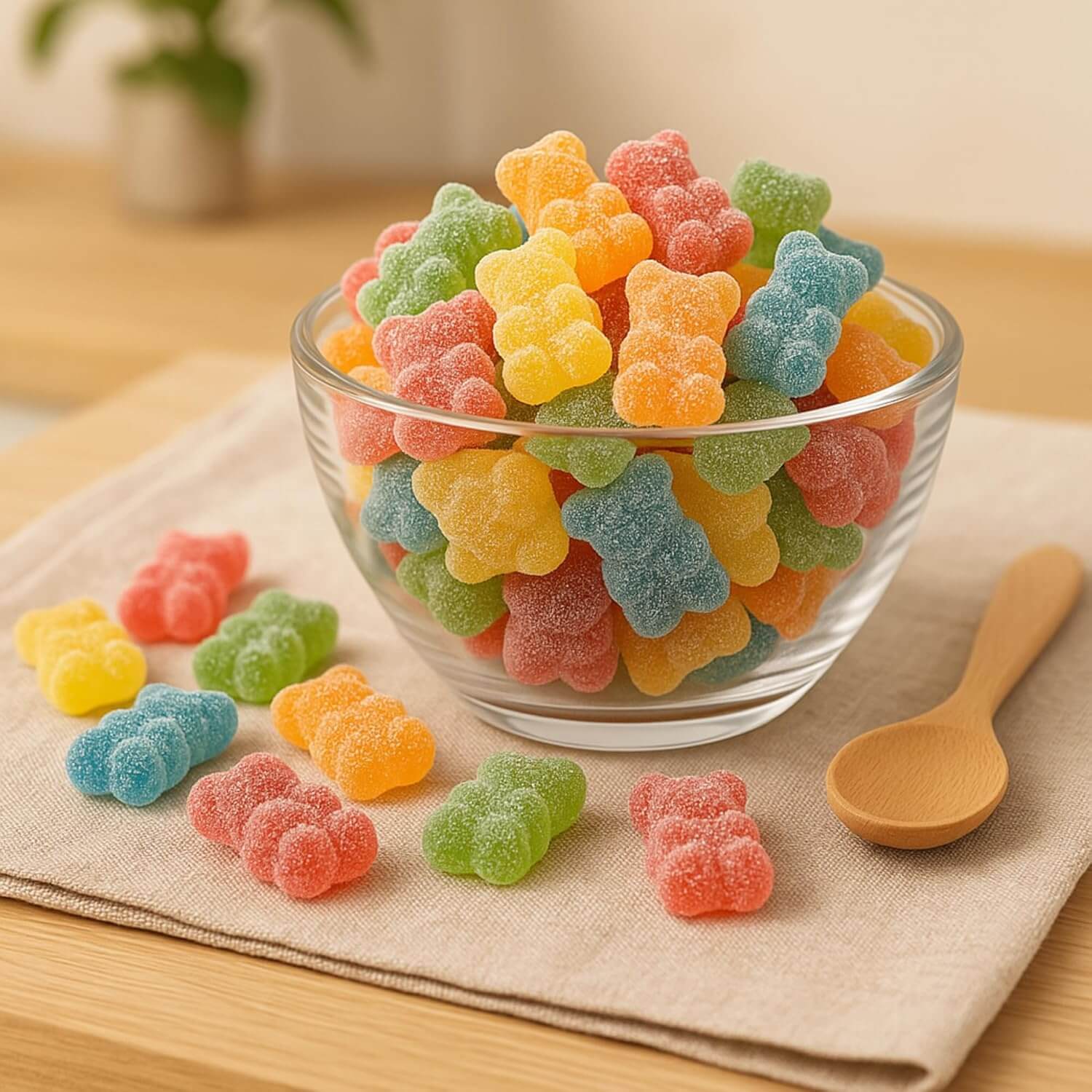 Colorful gummy bears in a glass bowl on a wooden table with a wooden spoon.
