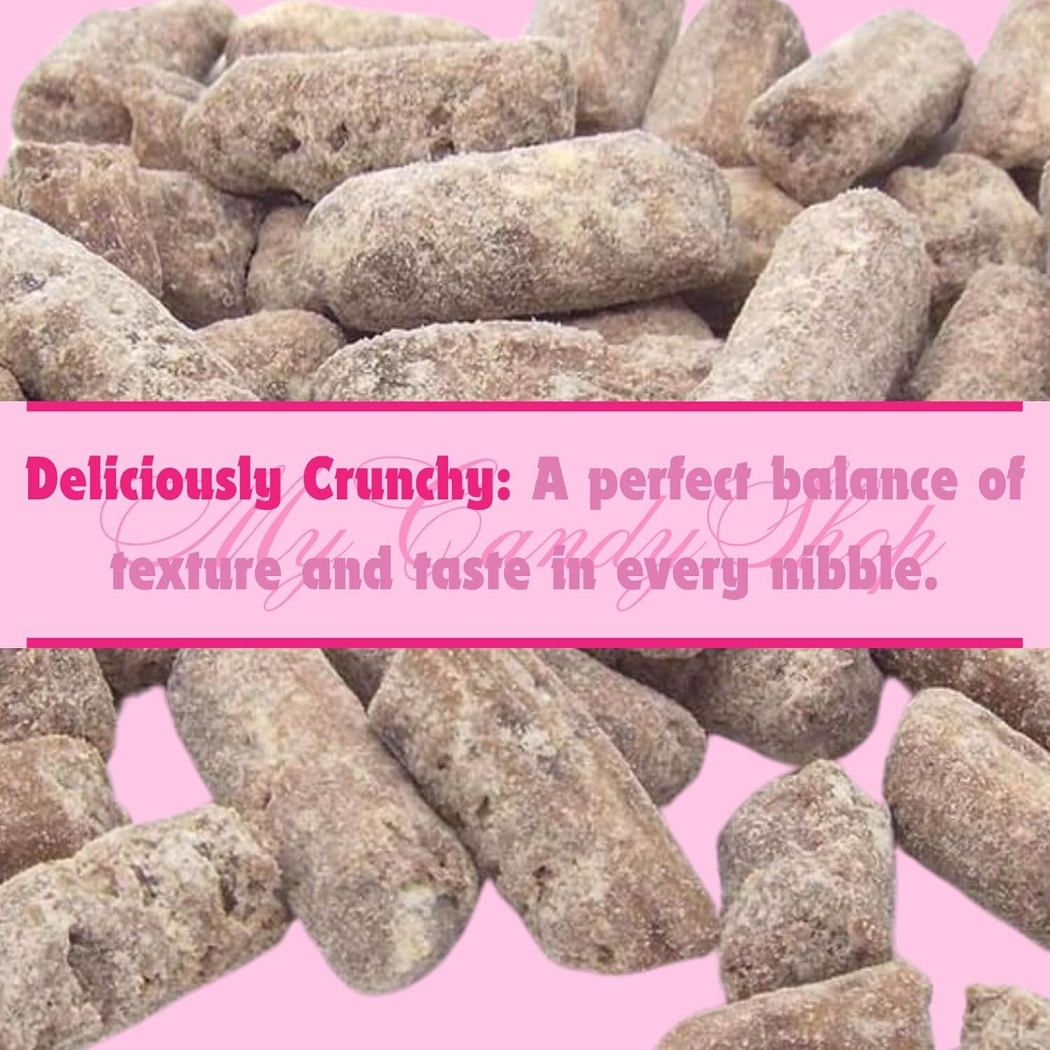 Close-up of crunchy snack bars with a pink background and promotional text.