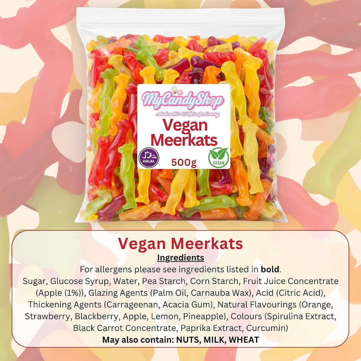 Vegan Meerkat Sweets 500g - Halal Sweets Sharing & Gifting, Suitable for Vegans, Meerkat Gifts for Animal Lovers, Delicious Candy Pack