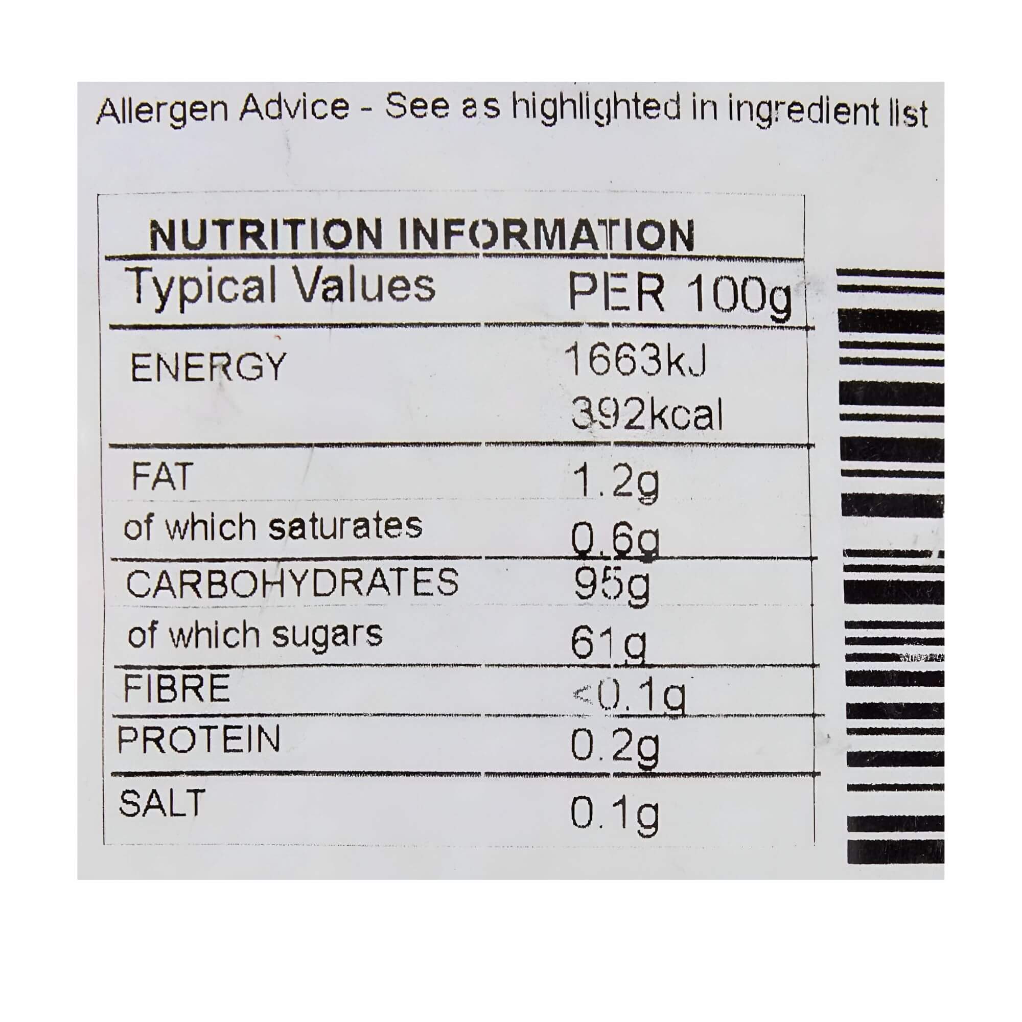 Nutrition information label on a white background