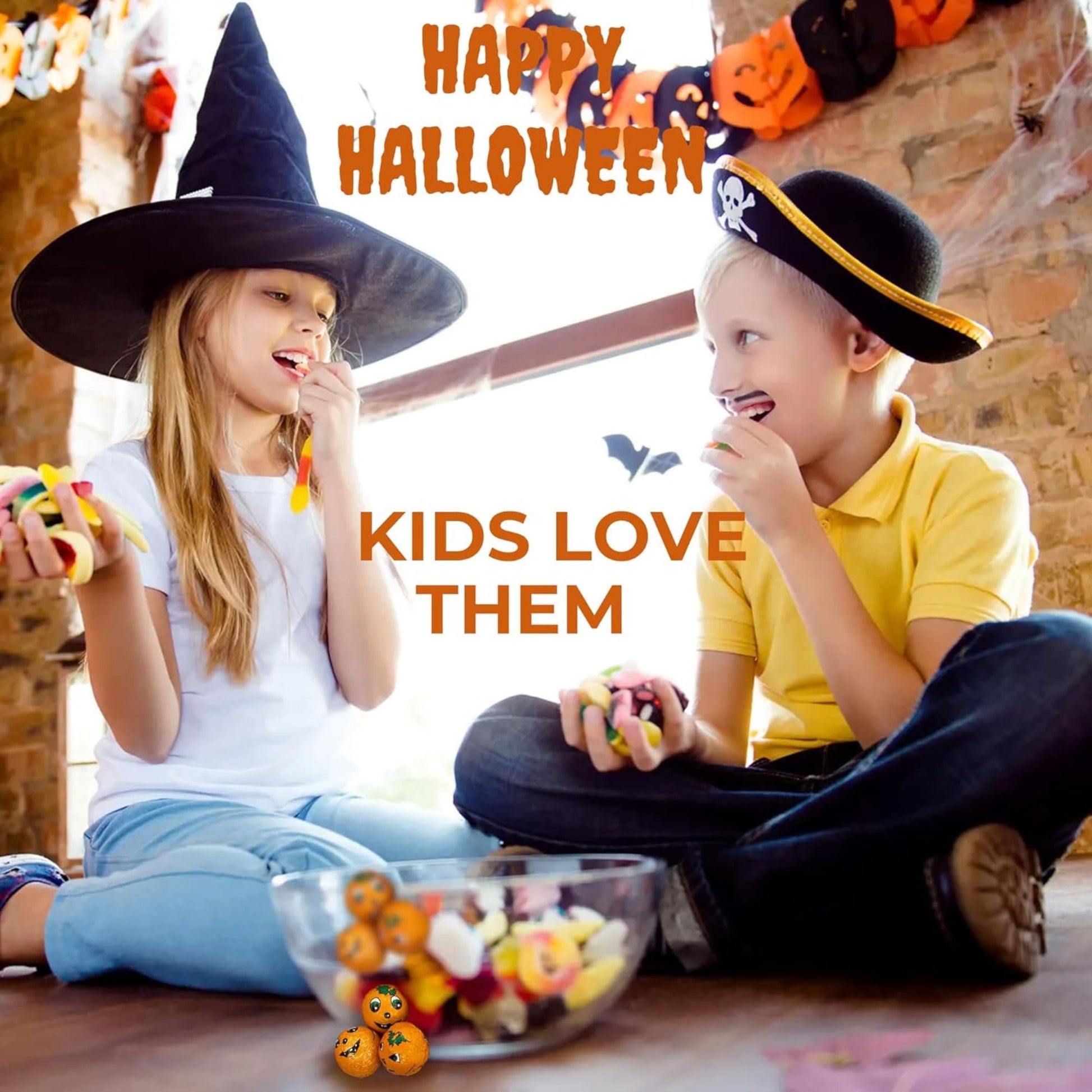 Two children in Halloween costumes eating candy with a 'Happy Halloween' text overlay.