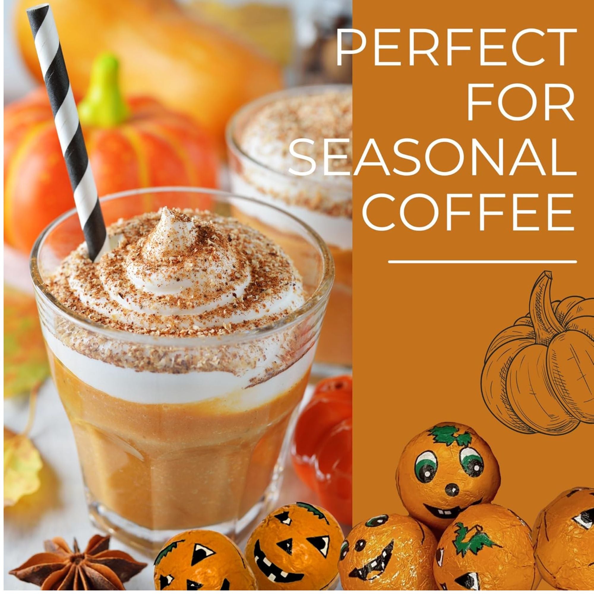 Pumpkin spice latte with whipped cream and a straw, surrounded by pumpkins and cartoon pumpkins on an orange background.