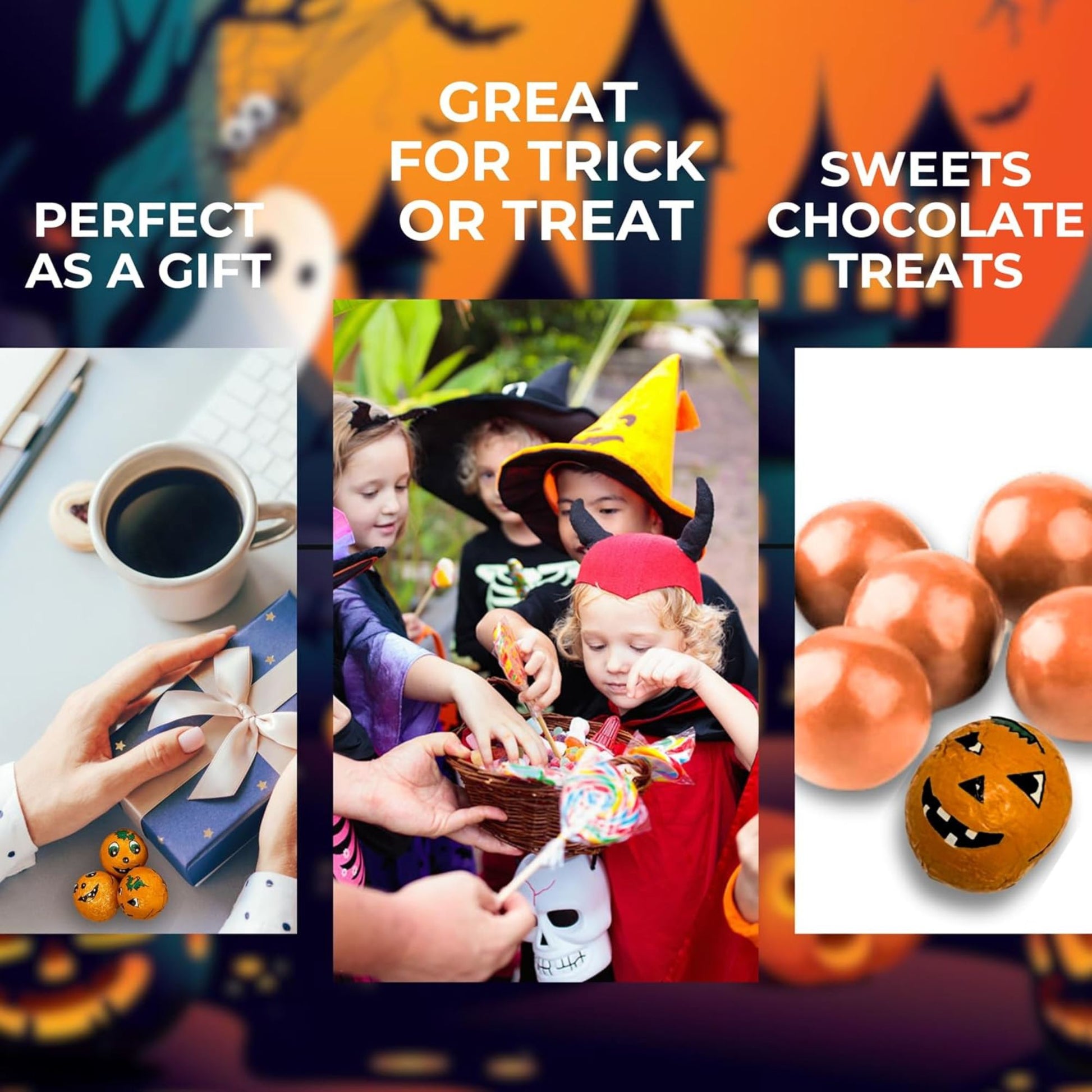 Promotional collage for Halloween-themed products including treats and costumes.