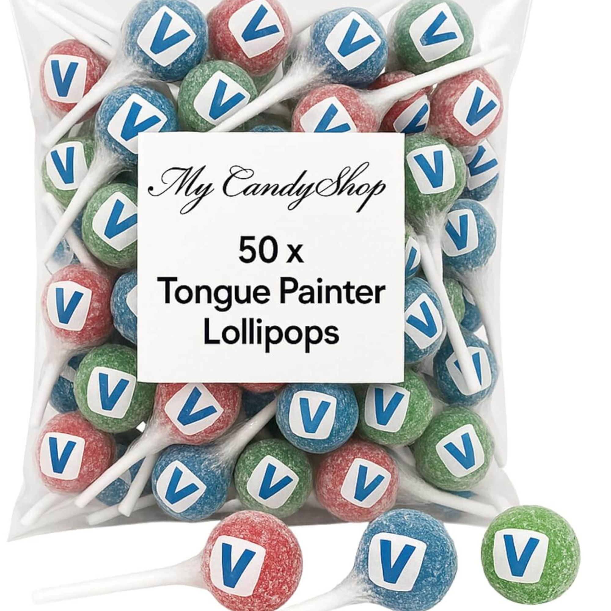 Tongue Painter Lollipops – 50 Pack Bulk (Approx. 500g) Red, Green & Blue