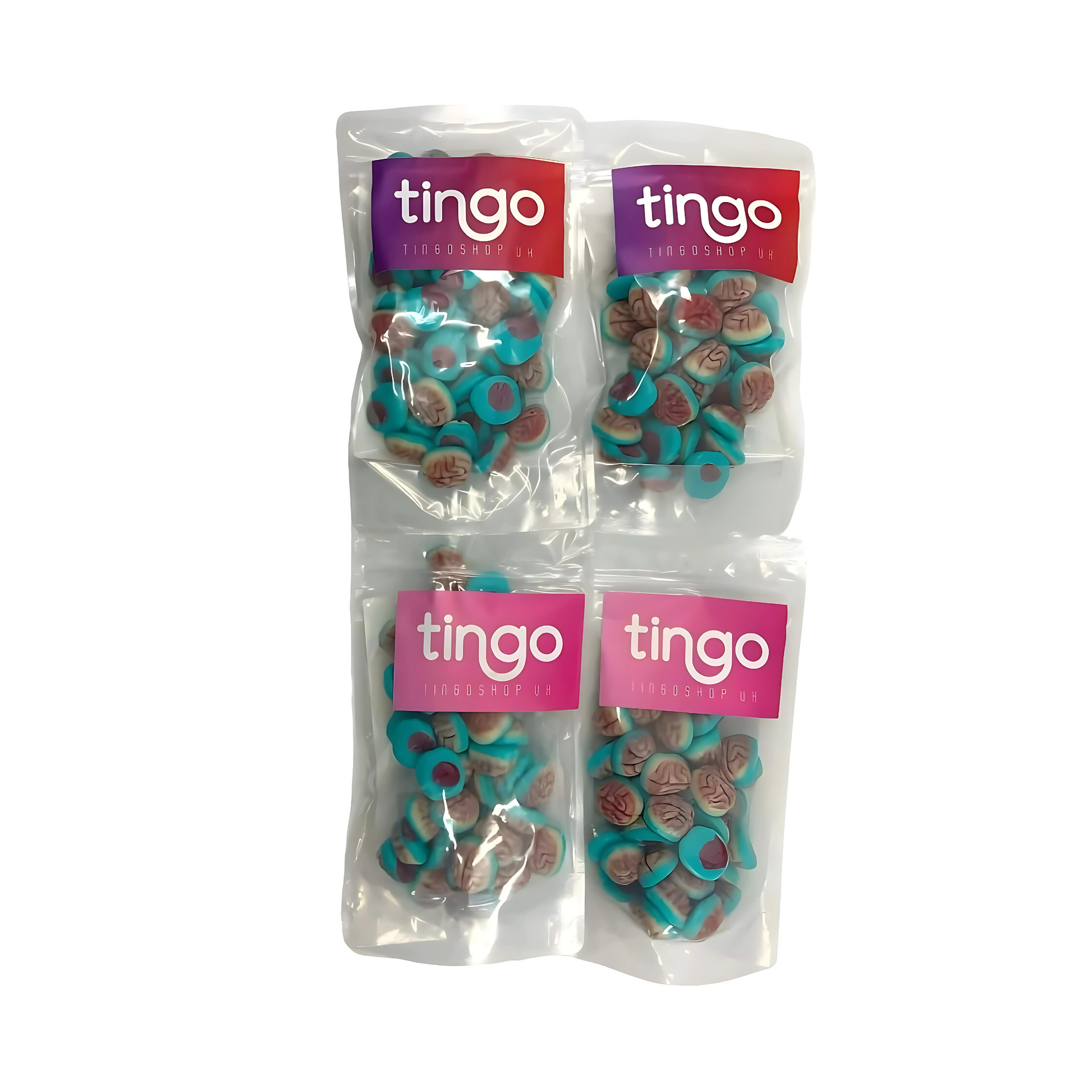 Four packages of tingo treats on a white background