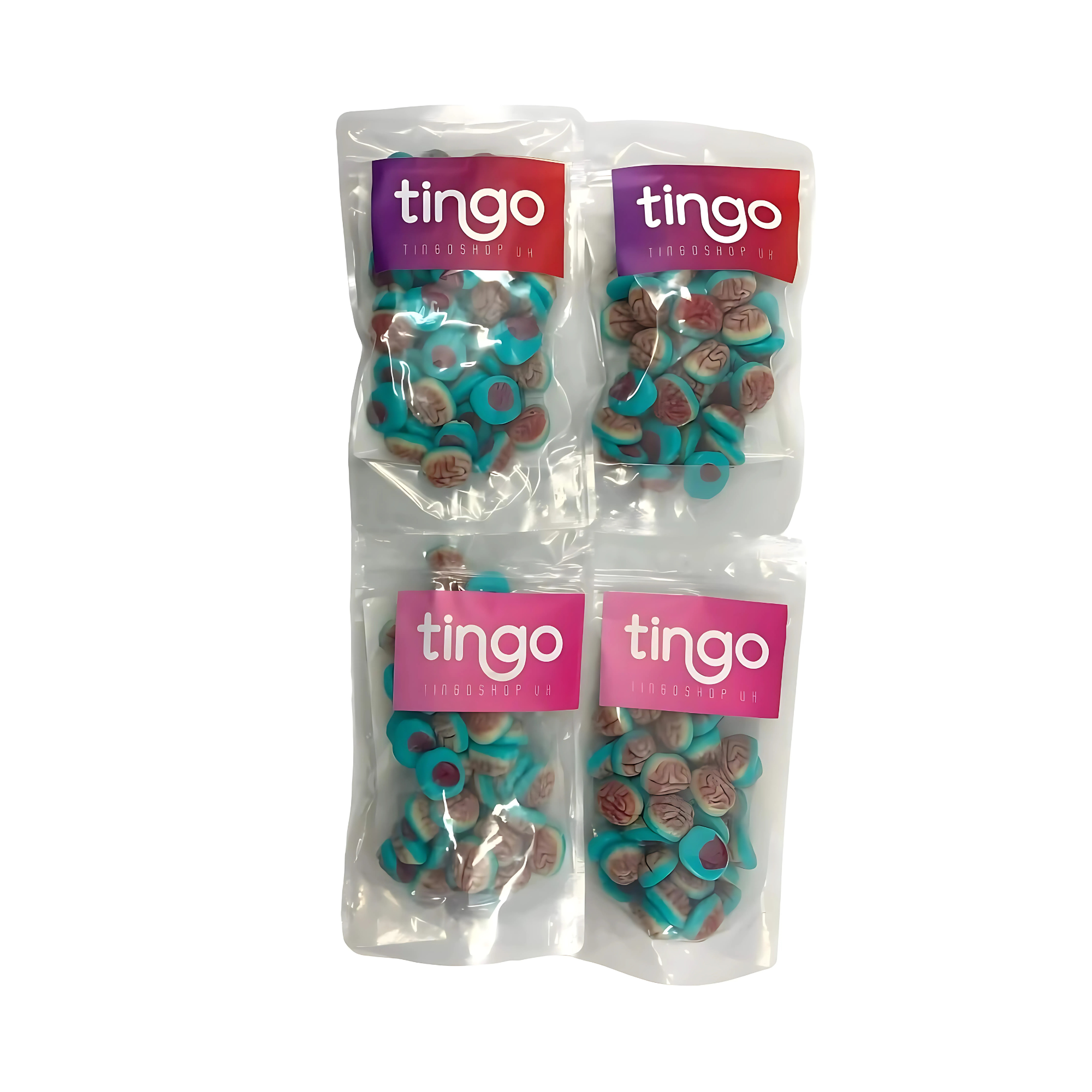 Four packages of tingo treats on a white background