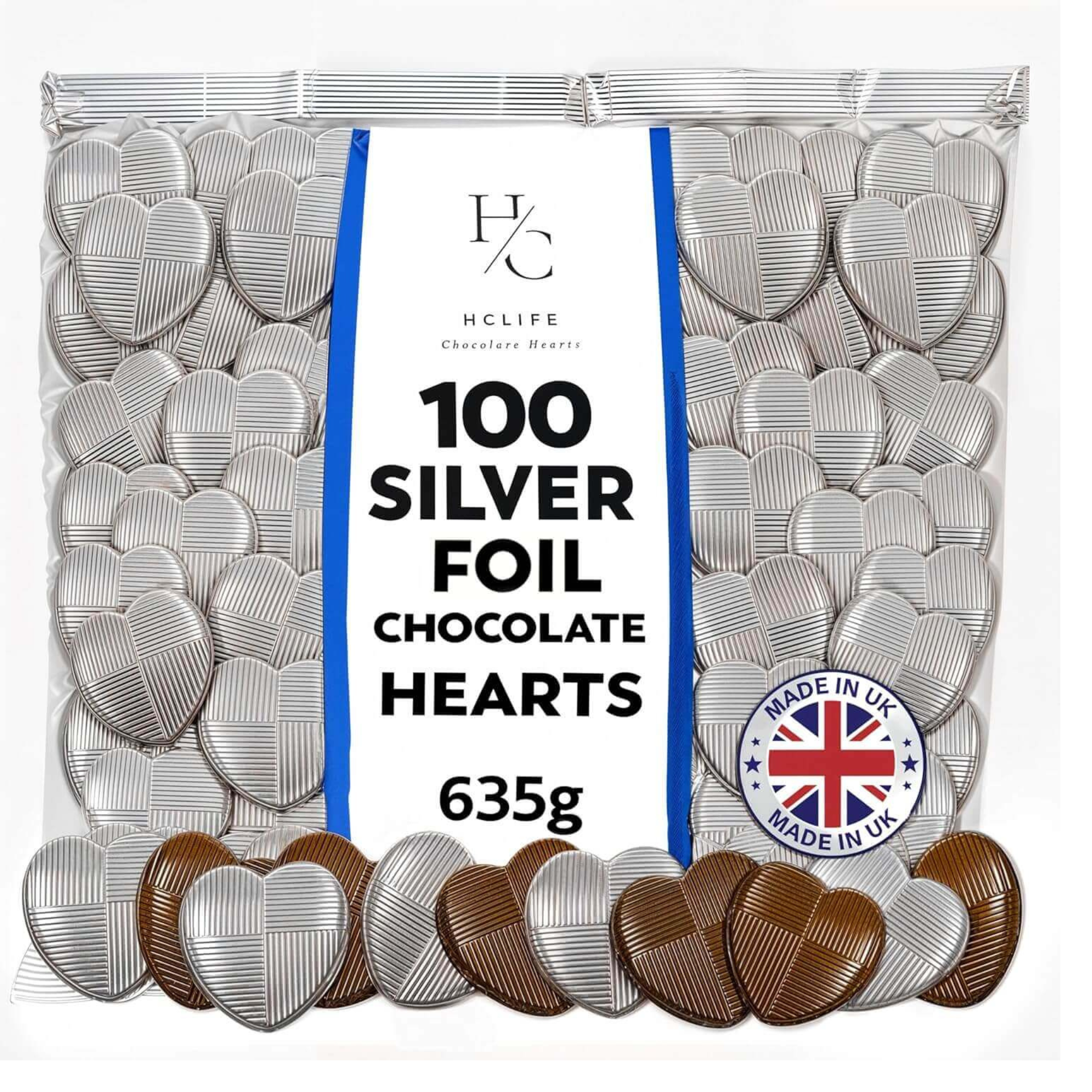 Silver foil chocolate hearts bag