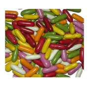 Colorful jelly beans in various shapes on a white background