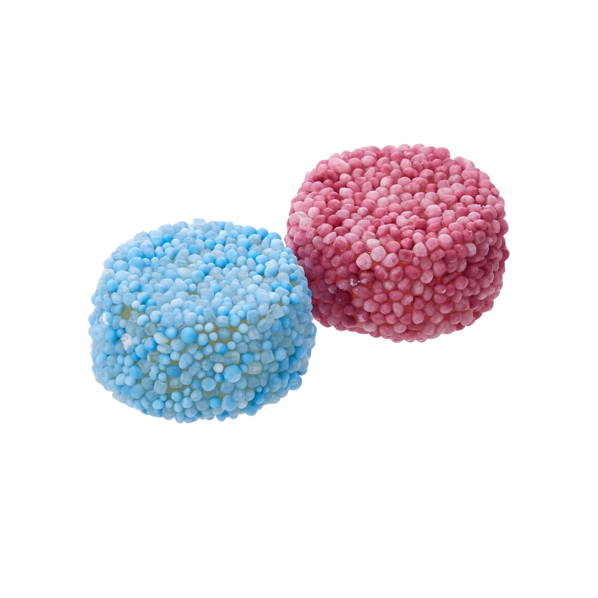 Two colorful pom-pom balls, one blue and one pink, on a white background.