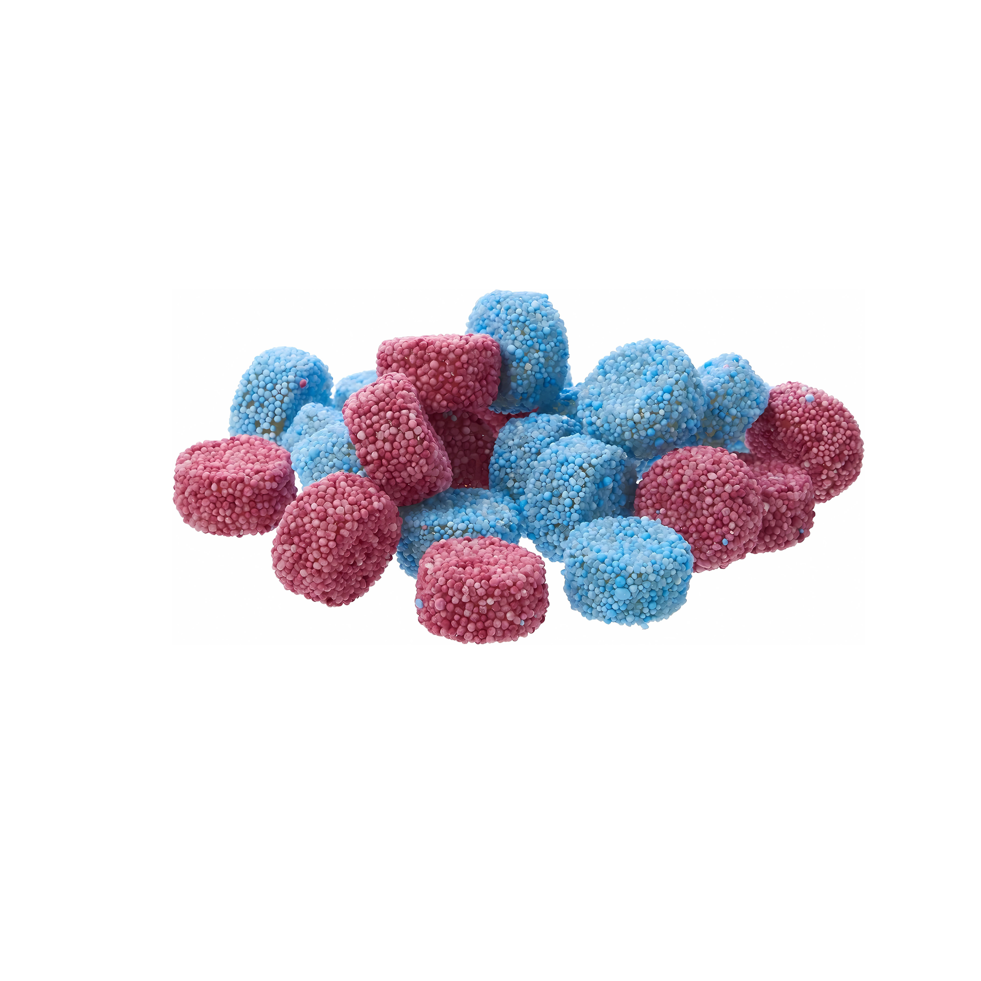 Pink and blue gumballs on a white background