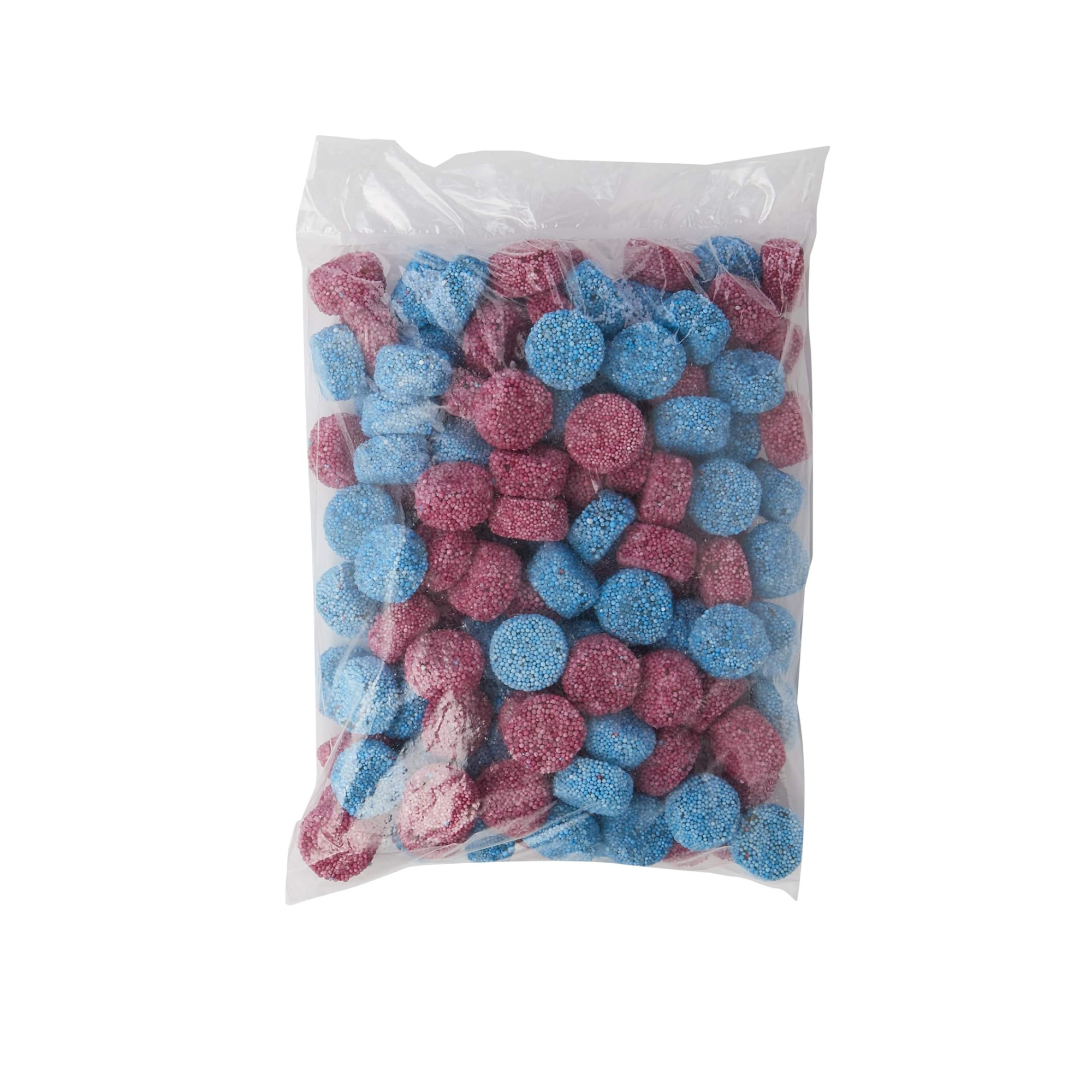 Bag of blue and pink gummy bears on a white background