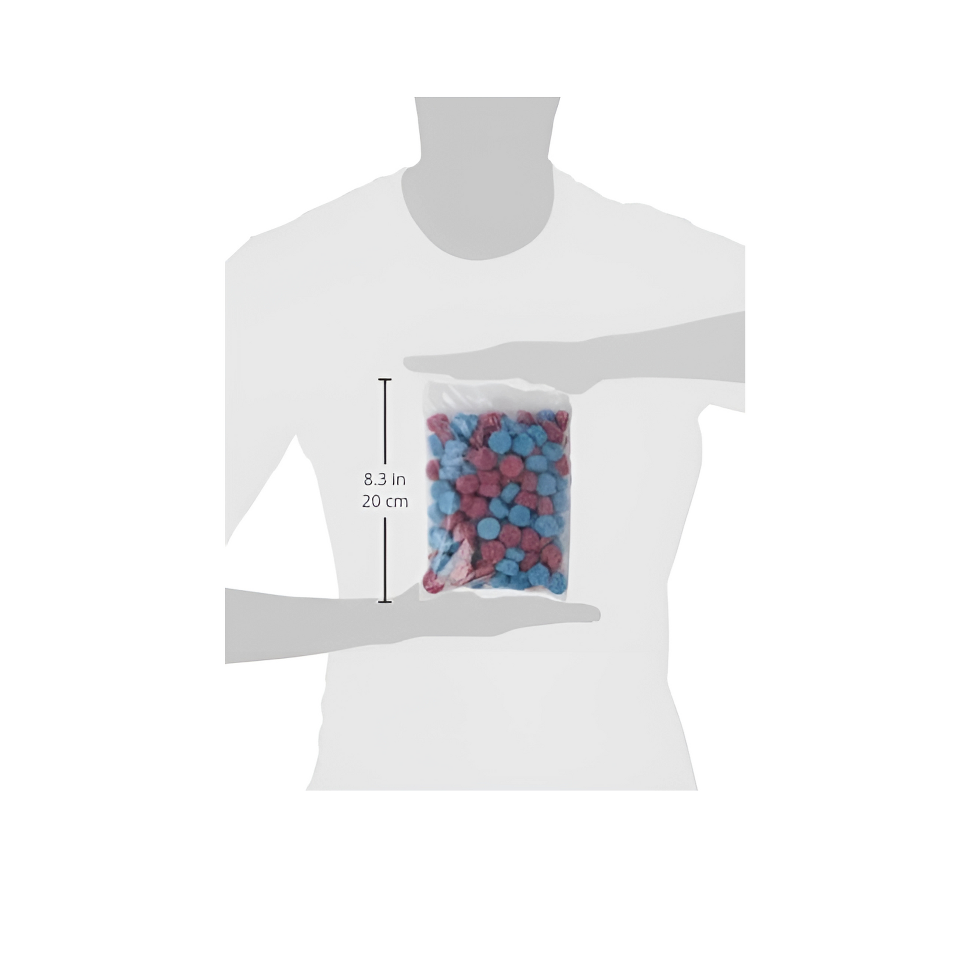 Mannequin holding a bag of blue and red polka dot items with measurements indicated.