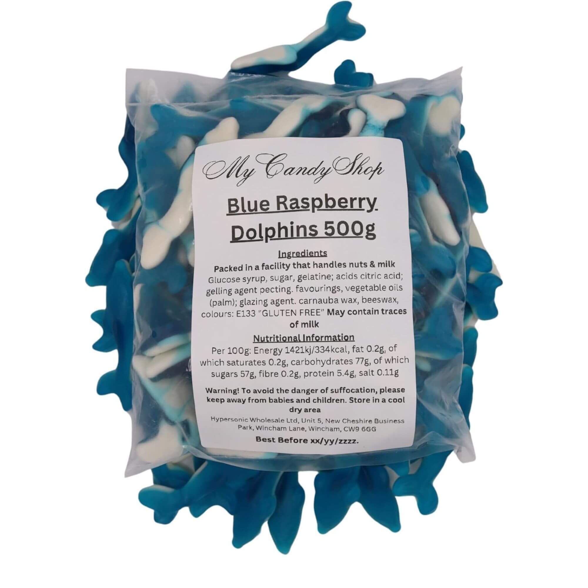 Packaged blue and white candy shaped like dolphins with a label on a white background