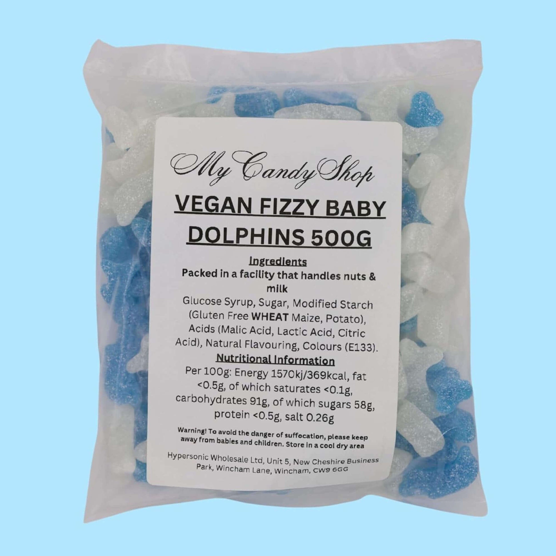 Pack of vegan fizzy baby dolphins with a label on a light blue background